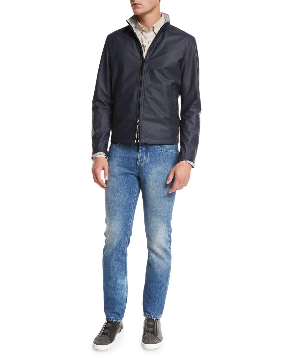 Waxed Cotton-Blend Bomber Jacket, Navy