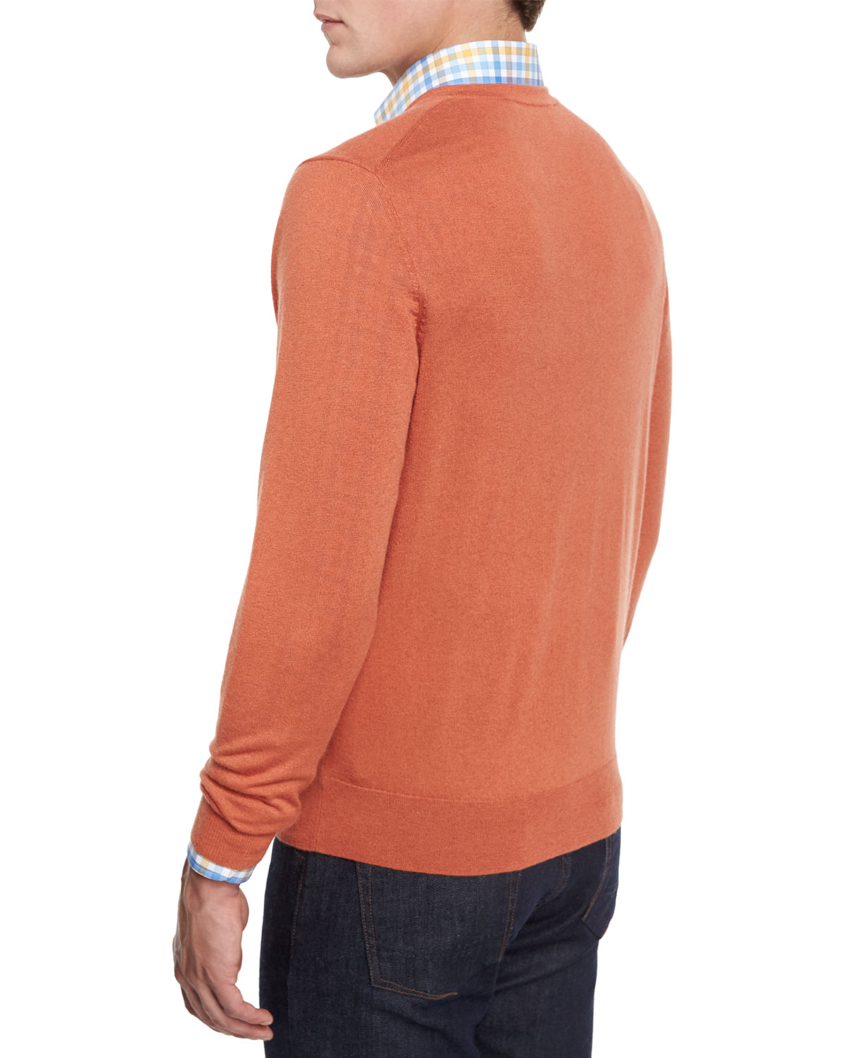 Cashmere-Silk V-Neck Sweater, Pumpkin