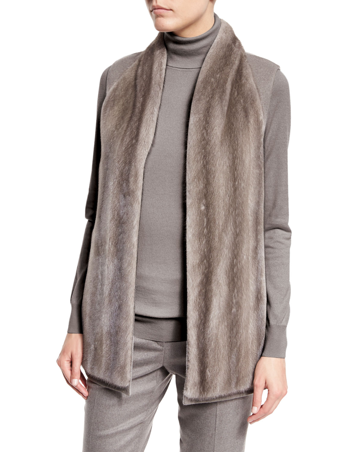 Double-Cashmere Vest W/Mink Front, Silver Myrtle/Shadow