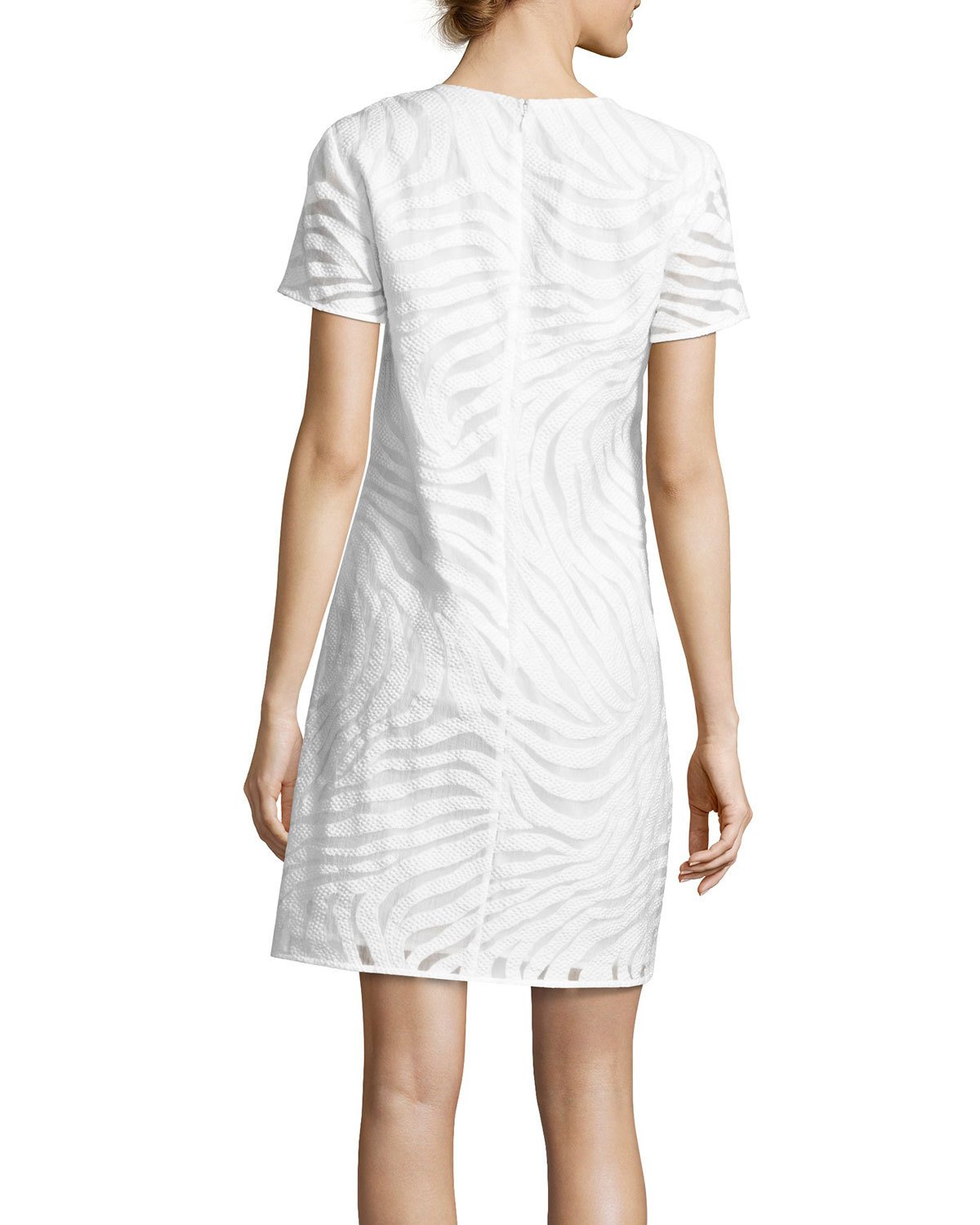 Short-Sleeve Zebra Jacquard Shift Dress, White