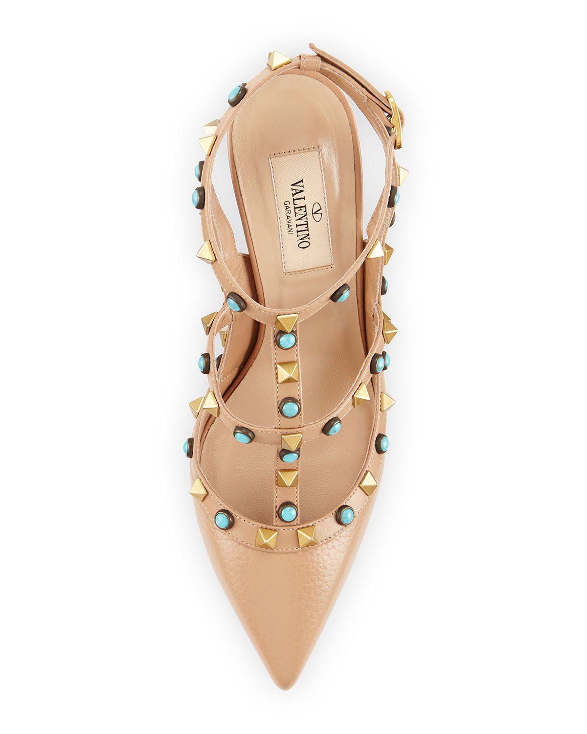 Rockstud Cabochon Leather 100mm Pump, Soft Noisette/Turquoise