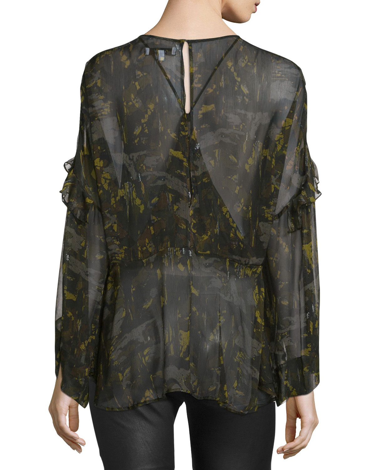 Lixine Ruffle-Trim Chiffon Camo Top, Black/Khaki