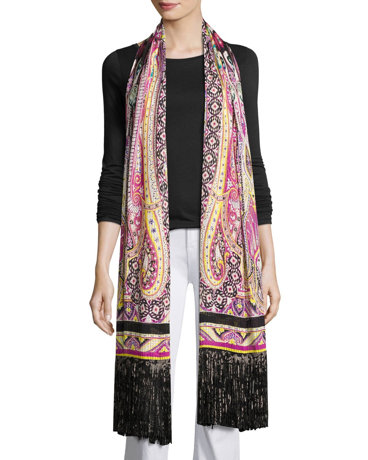 Silk Batik Paisley Fringe Scarf, Black/Pink