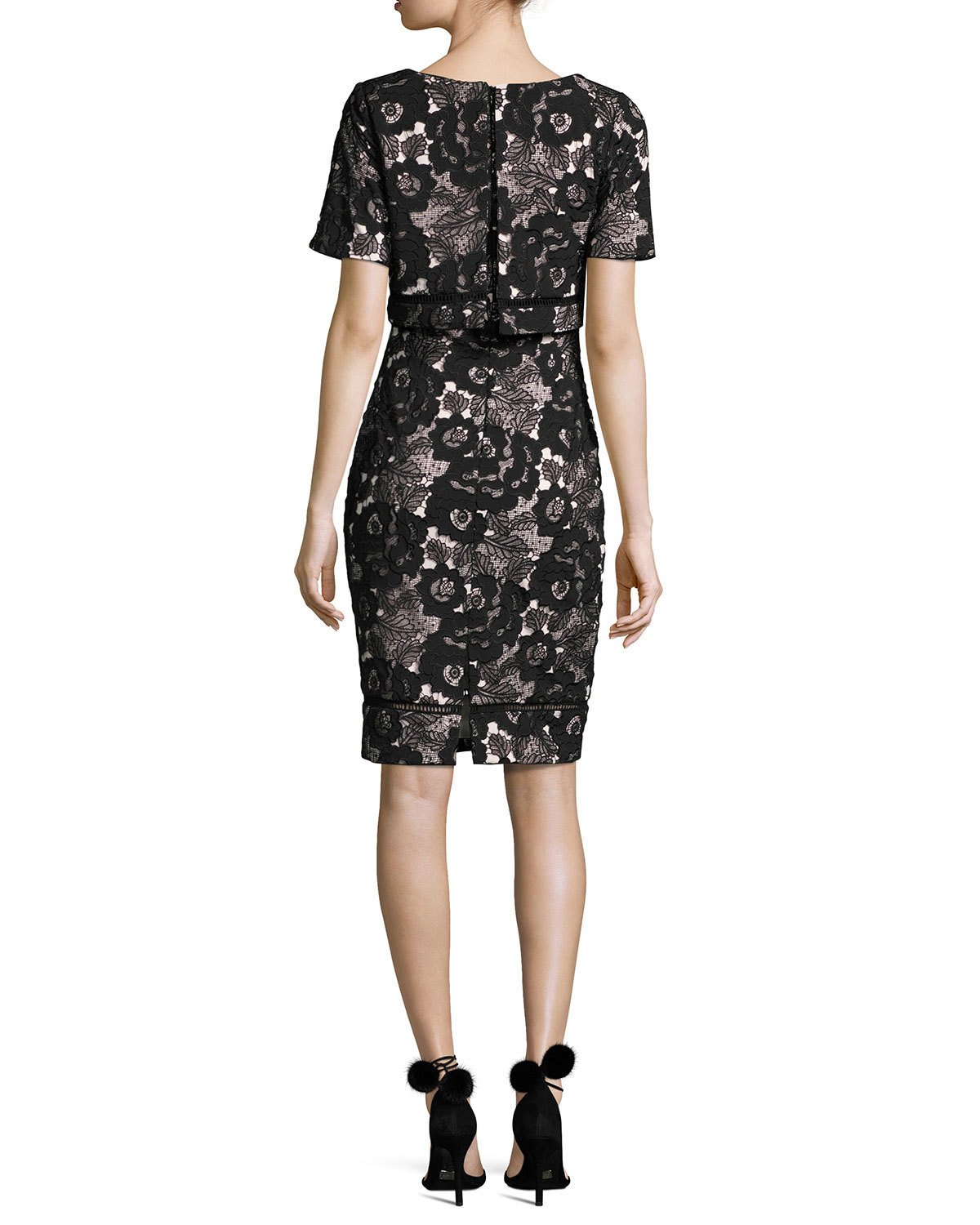 Short-Sleeve Floral Lace Popover Cocktail Dress, Black