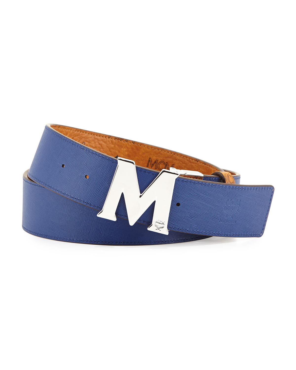 Reversible M-Buckle Monogram Belt, Cognac/Blue