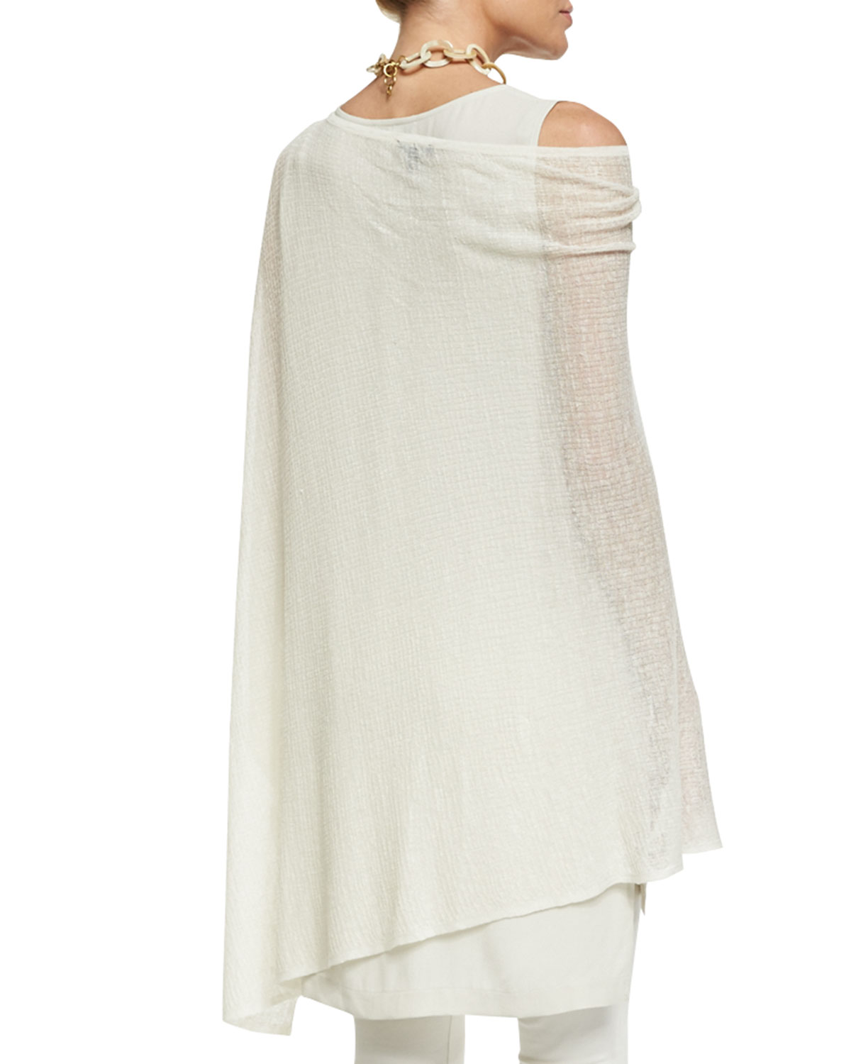 Sheer Hemp-Blend Grid Poncho, Bone, Plus Size 