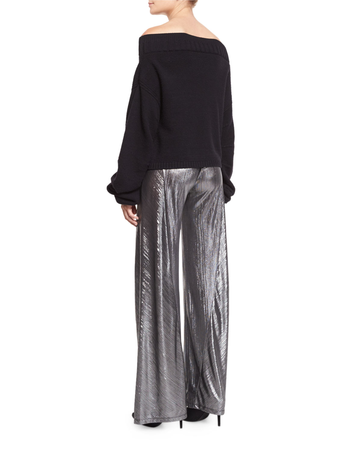 Luminous Wide-Leg Lamé Pants, Silver