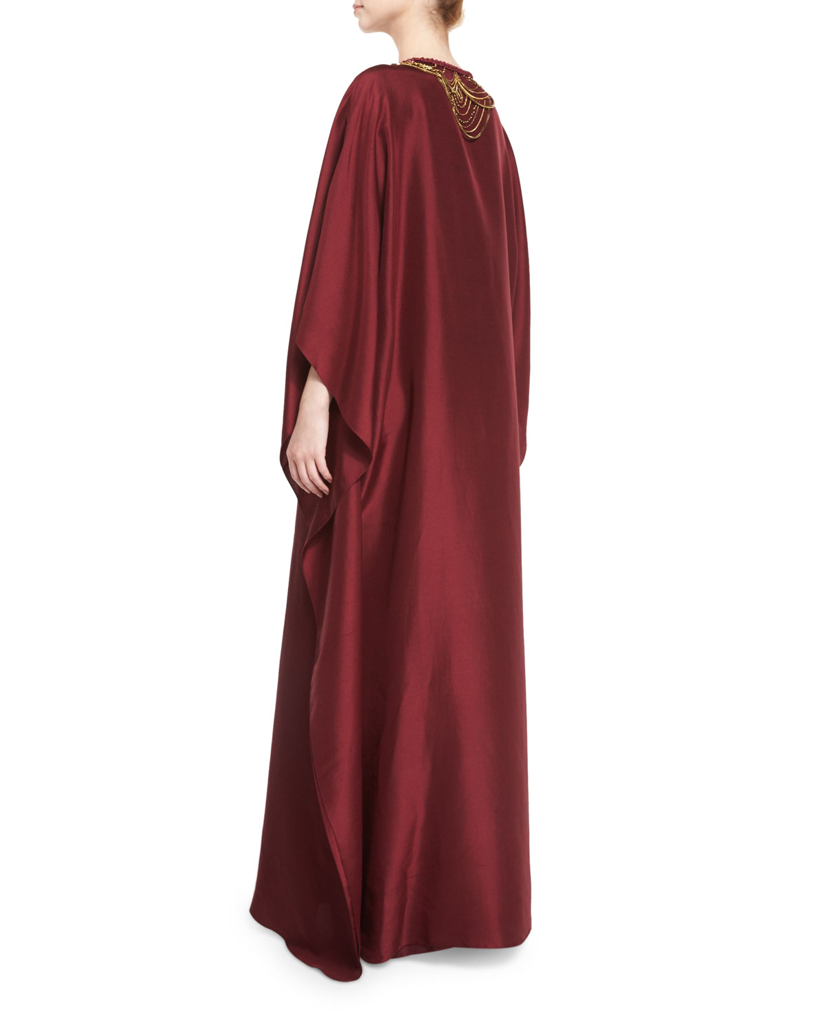 Necklace-Beaded V-Neck Caftan Gown, Bordeaux