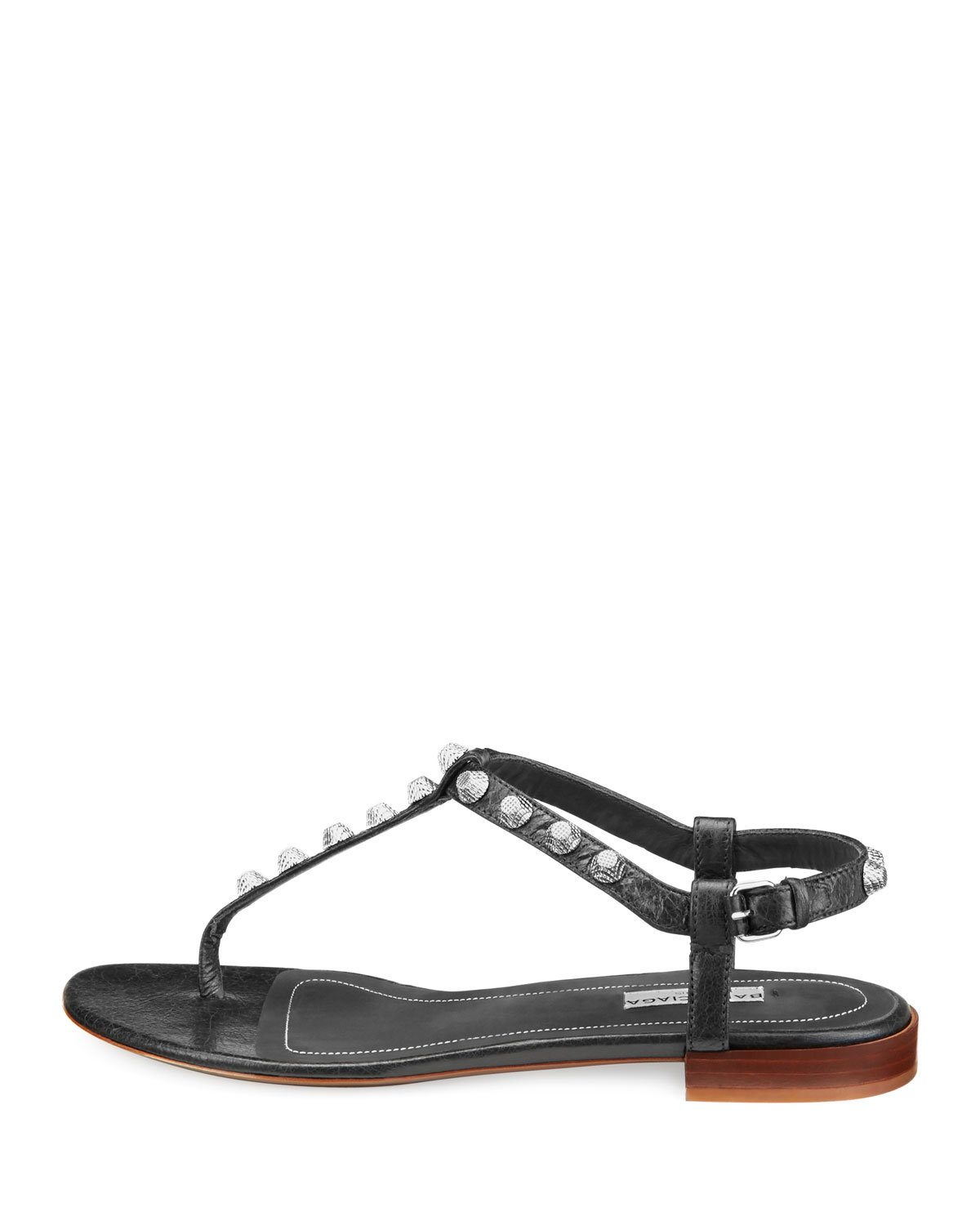 Studded Flat Leather T-Strap Sandal, Noir 