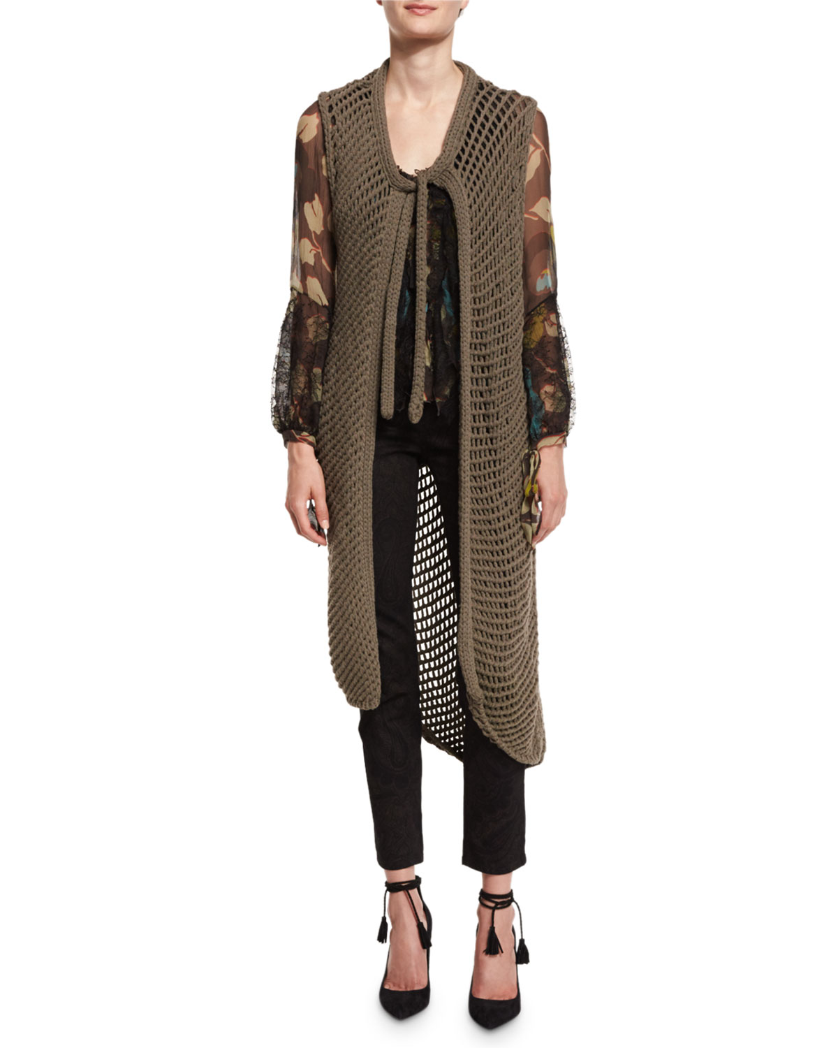 Fishnet Knit Long Vest, Taupe