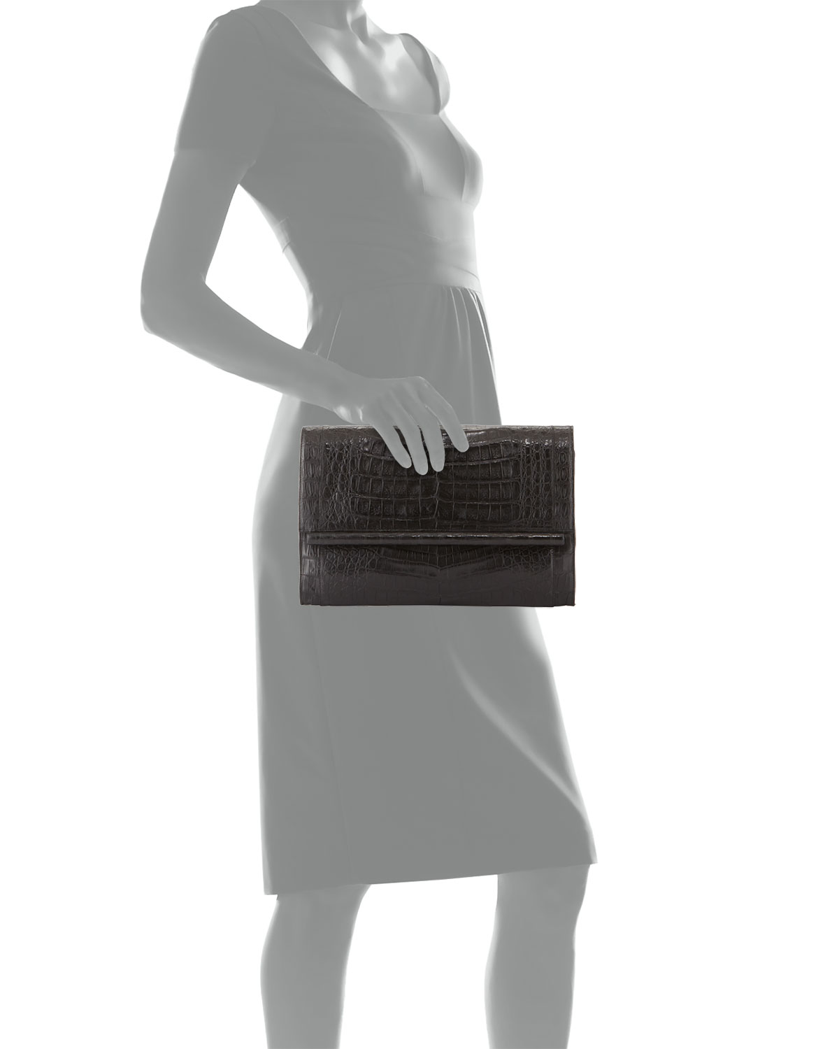 Crocodile Large Bar Clutch Bag, Black Matte