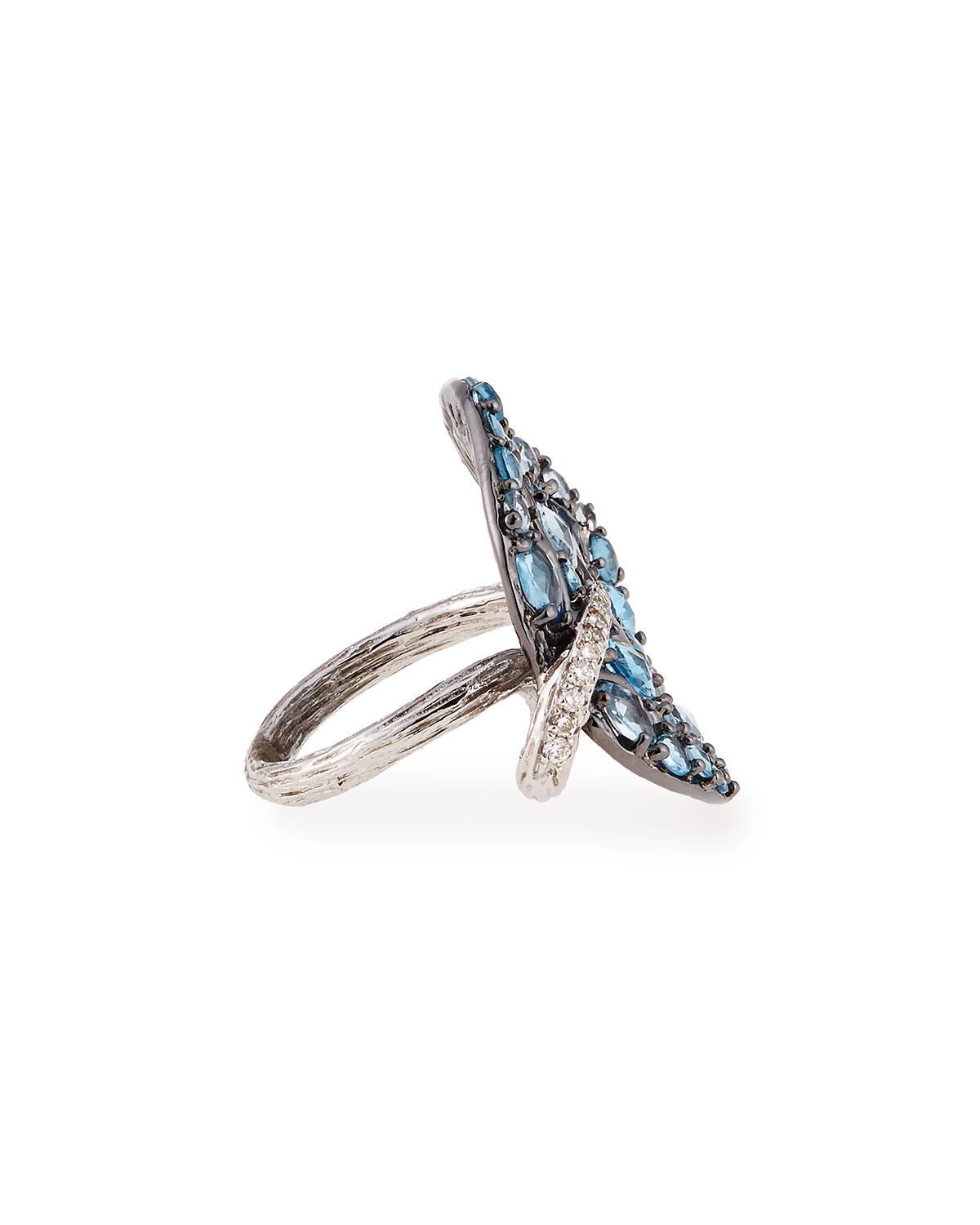 Botanical Leaf Blue Topaz Ring with Diamonds, Size 7