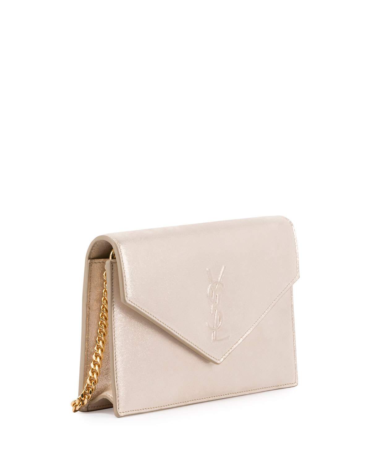 Monogram Shimmery Suede Envelope Chain Wallet, Gold