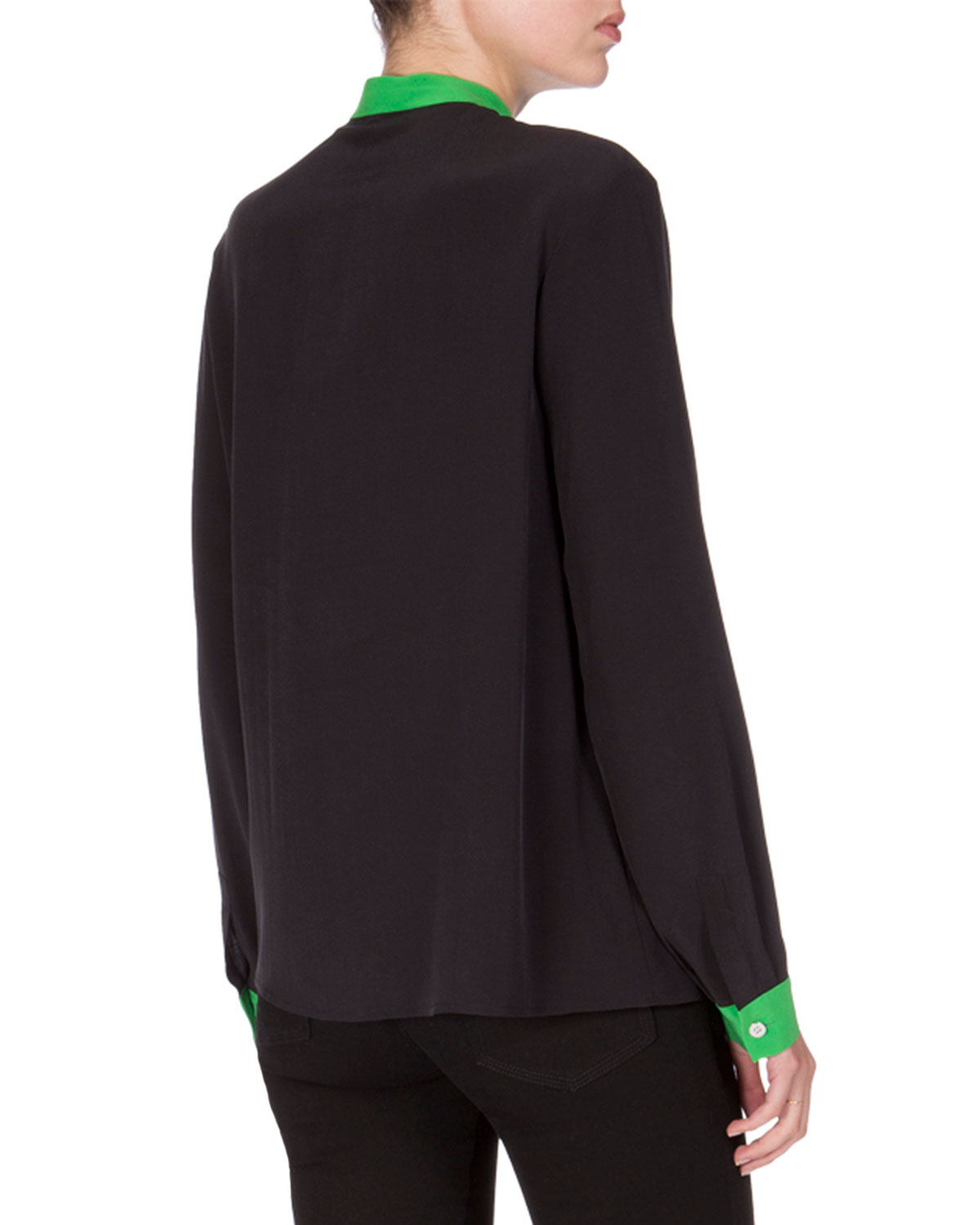 Long-Sleeve Colorblock Silk Crepe de Chine Blouse, Black