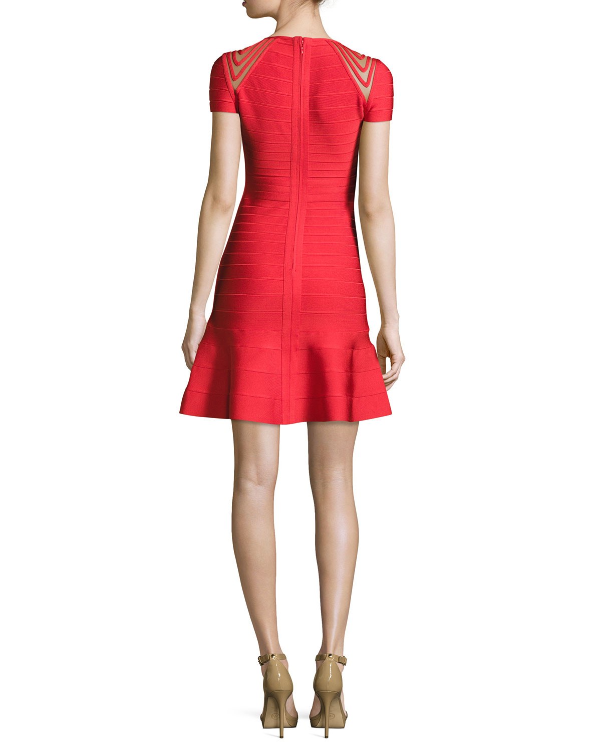 Short-Sleeve Chevron-Illusion Bandage Dress, Red