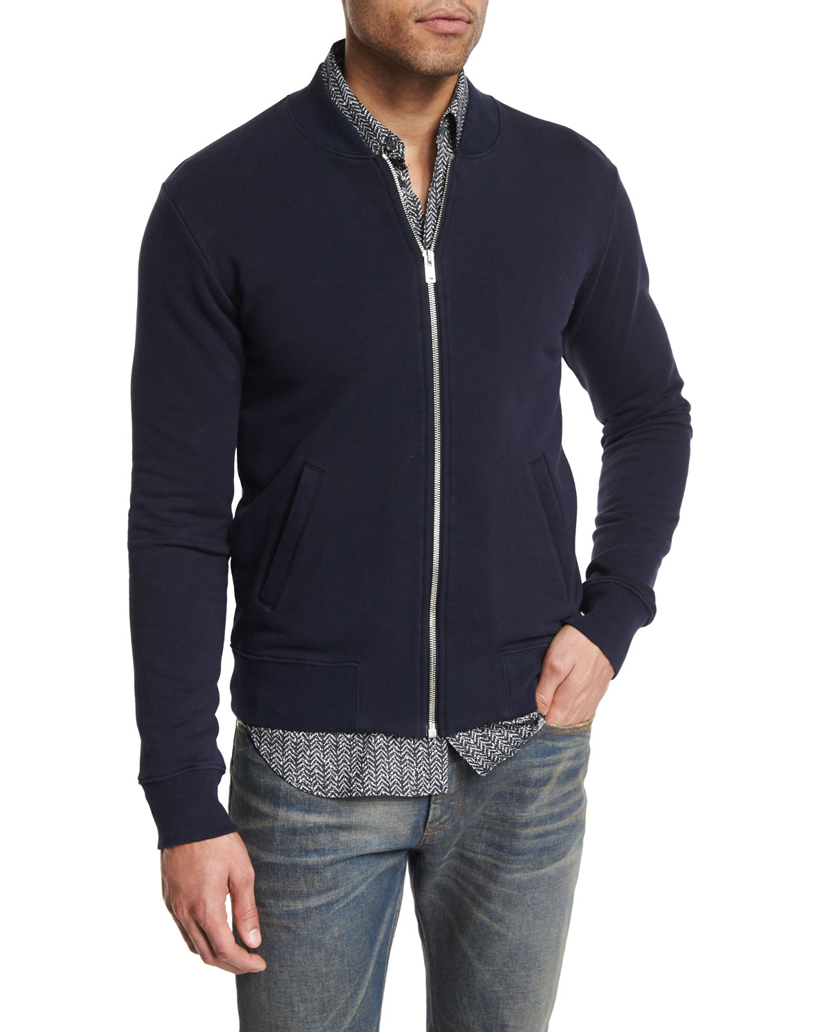 Zip-Up Knit Bomber Jacket with Elbow Patches, Navy