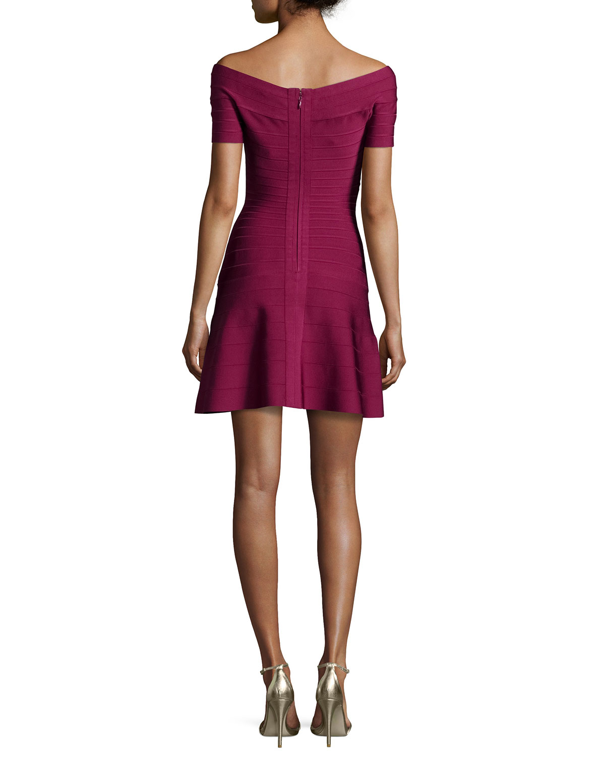 Short-Sleeve Bateau-Neck Bandage Dress, Raspberry