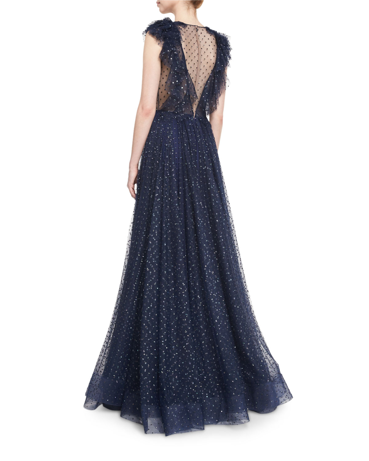 Sleeveless Illusion V-Neck Ruffled Gown, Abyss Blue