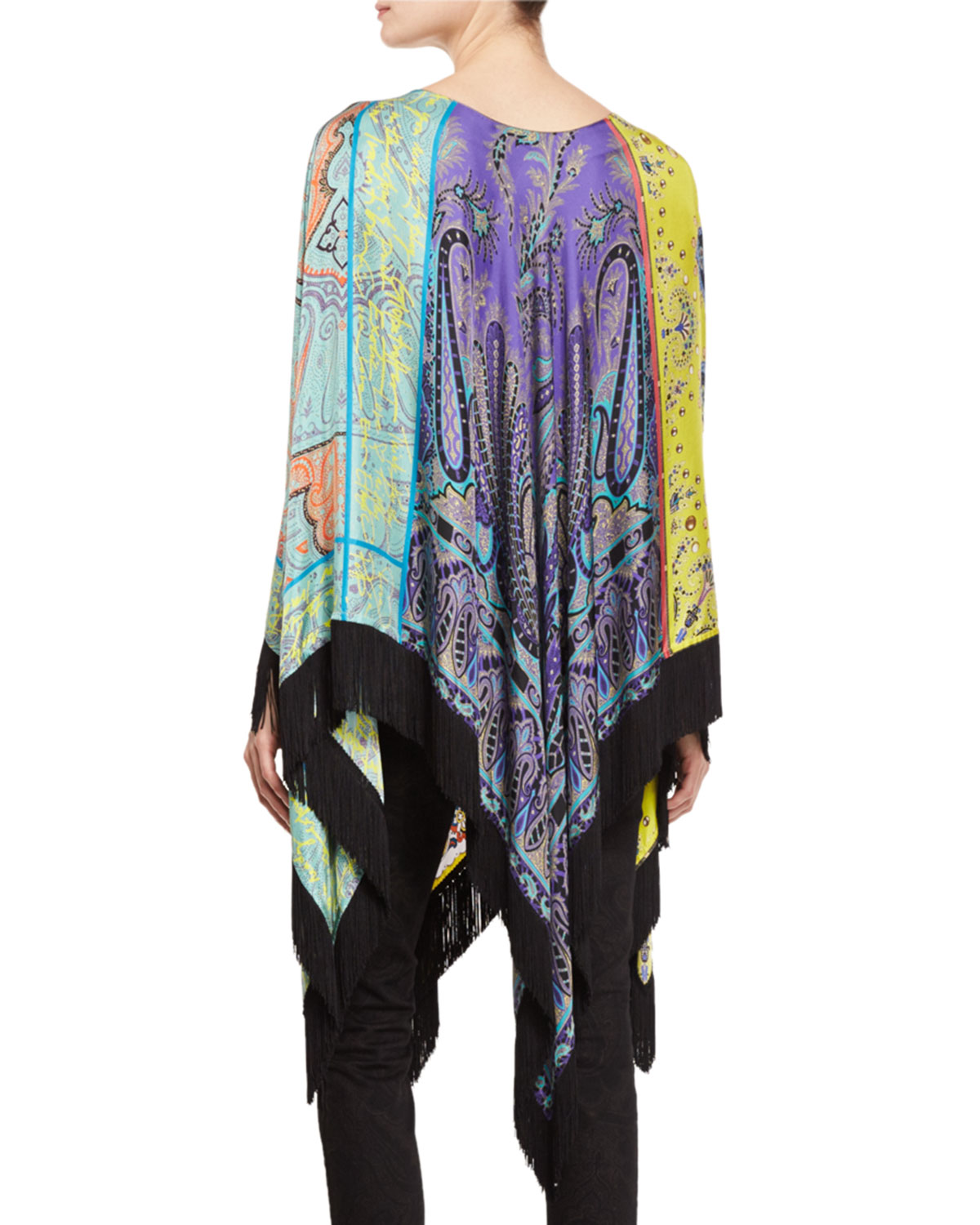 Printed Fringe-Trim Long Poncho, Citron