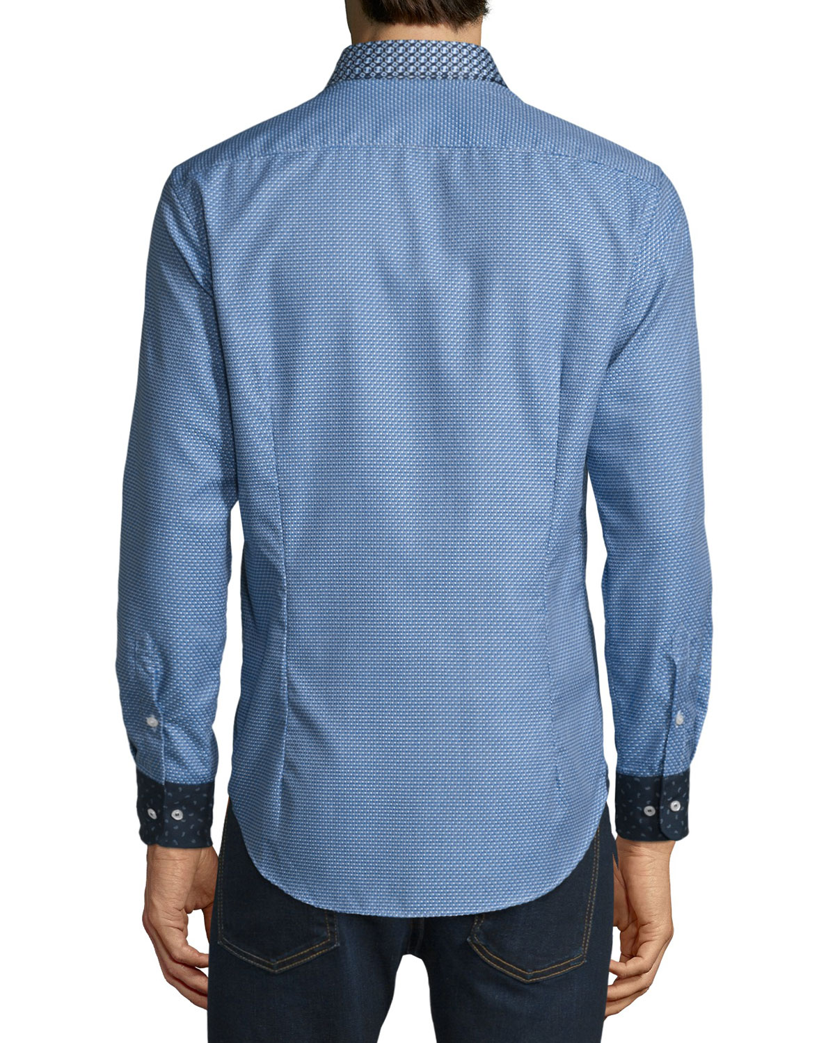 Micro-Print Long-Sleeve Sport Shirt w/Contrast Details, Blue