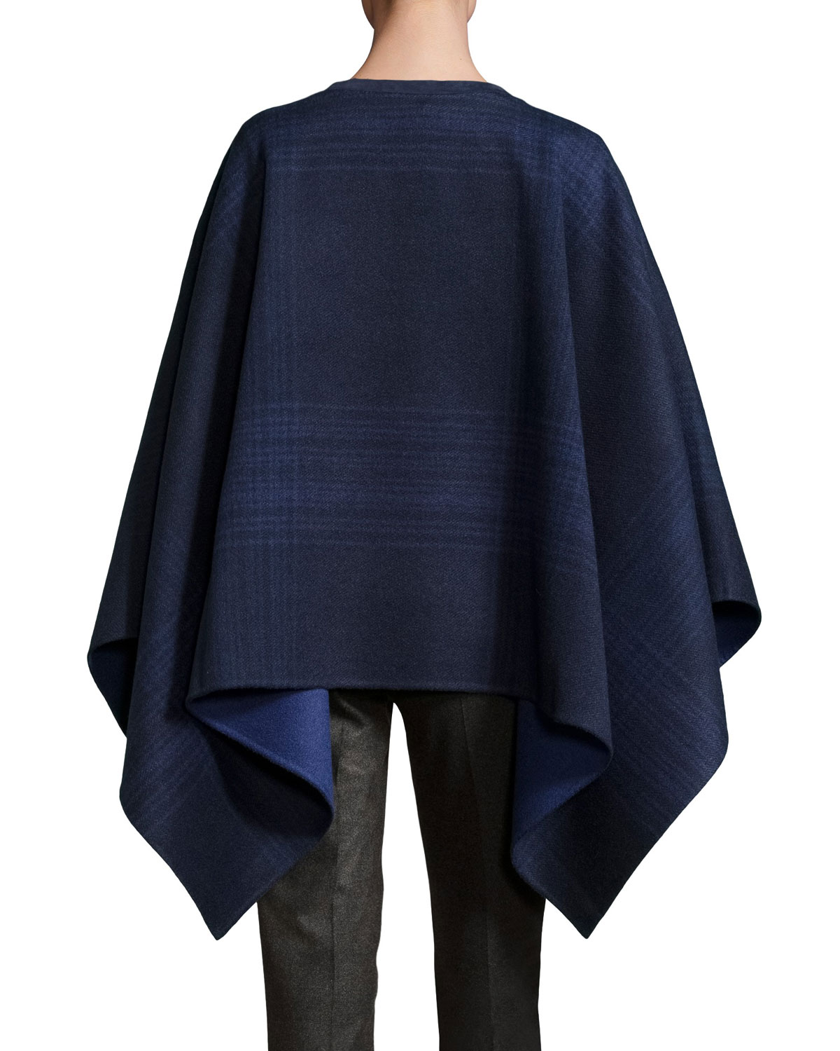 Liz Asymmetric Plaid Wool Poncho, Blue/Gray