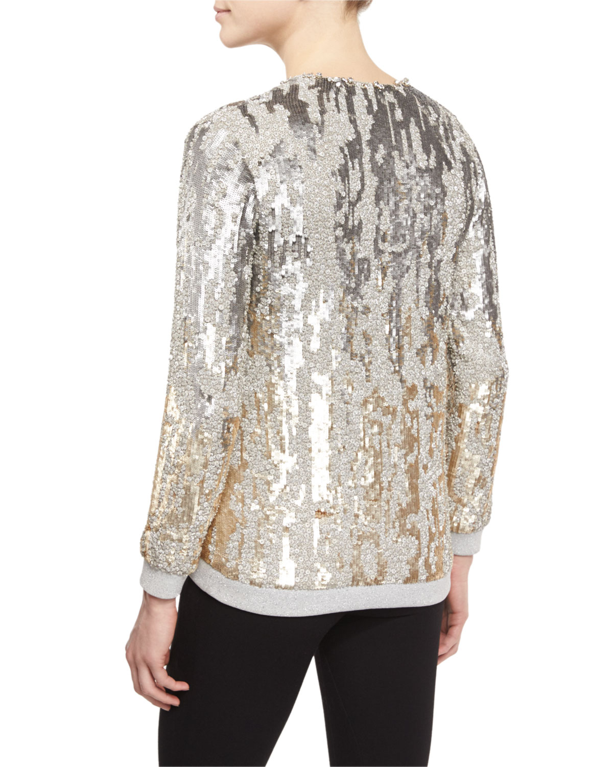 Long-Sleeve Sequined Burnout Top, Dawn Gold