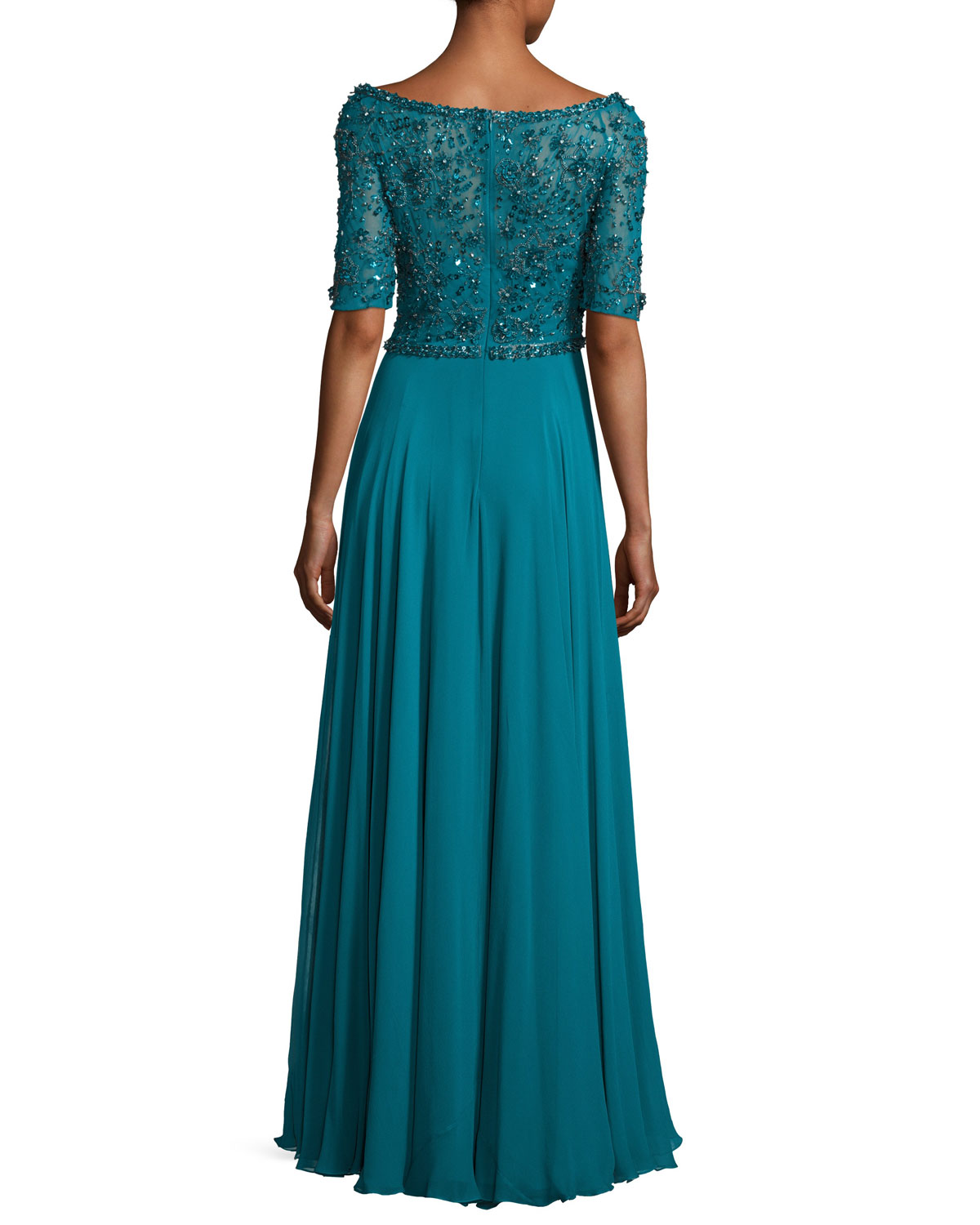 Sequined Half-Sleeve Boat-Neck Gown, Emerald