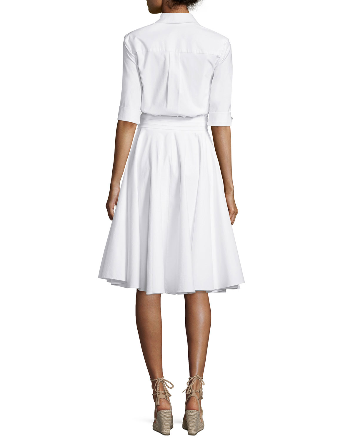 Half-Sleeve Belted Shirtdress, White