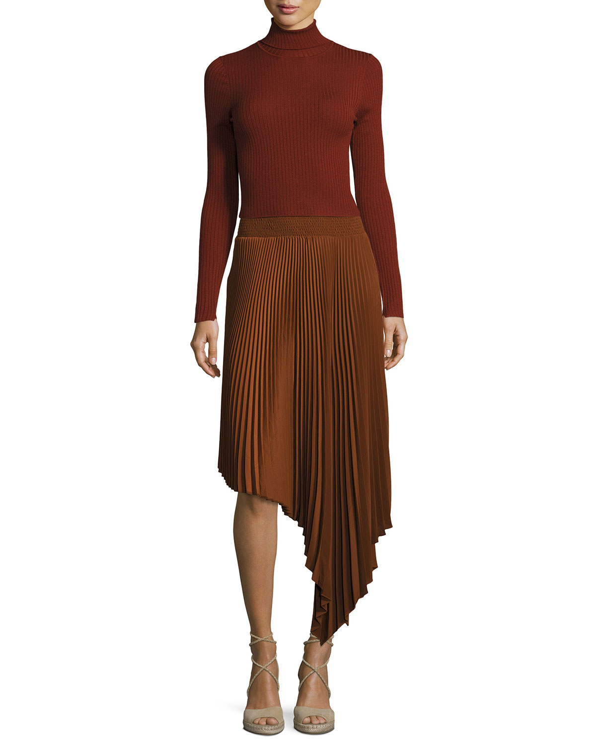 Sofia Asymmetric Pleated Midi Skirt, Chocolate