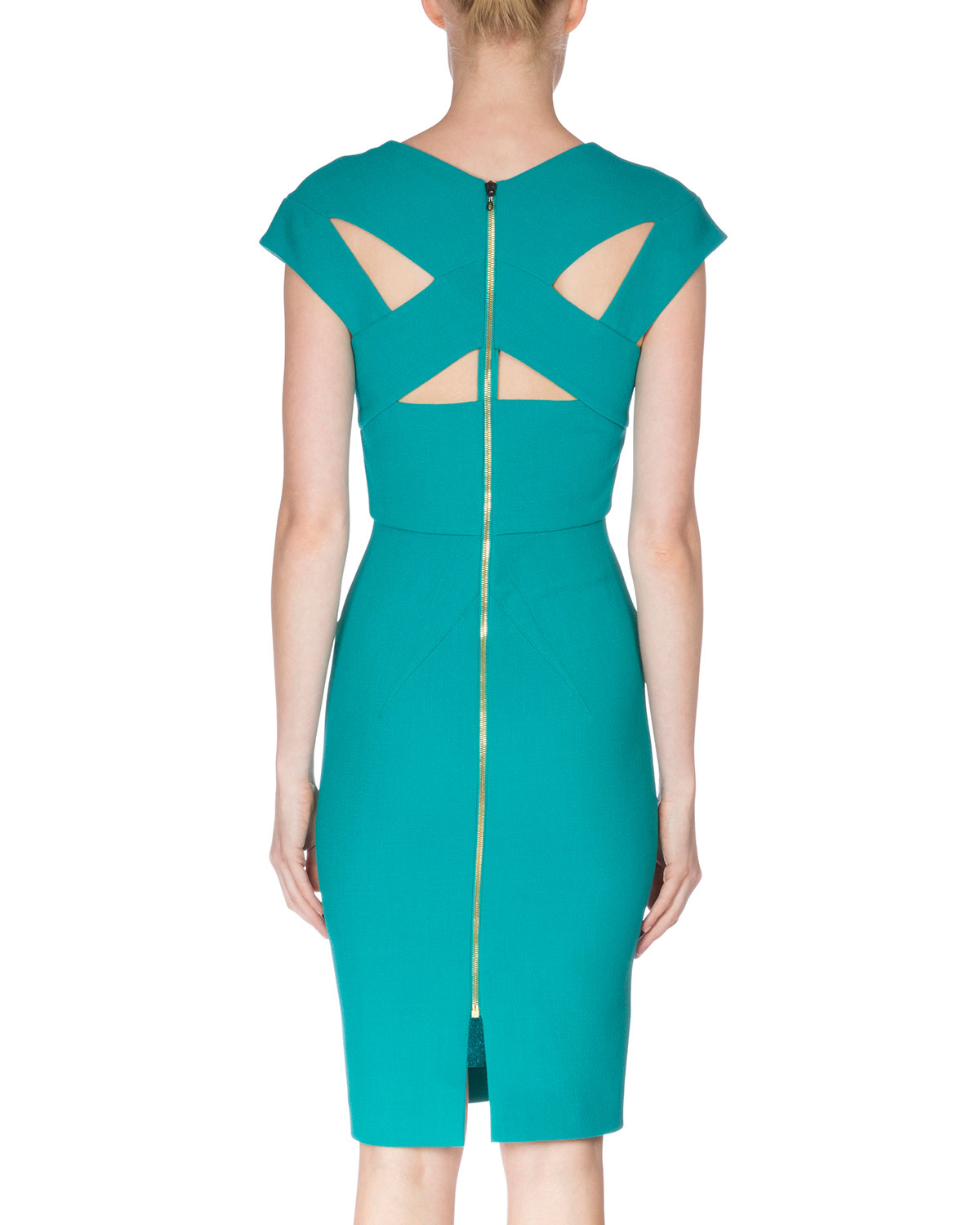 Cap-Sleeve Back Cutout Sheath Dress, Sea Green