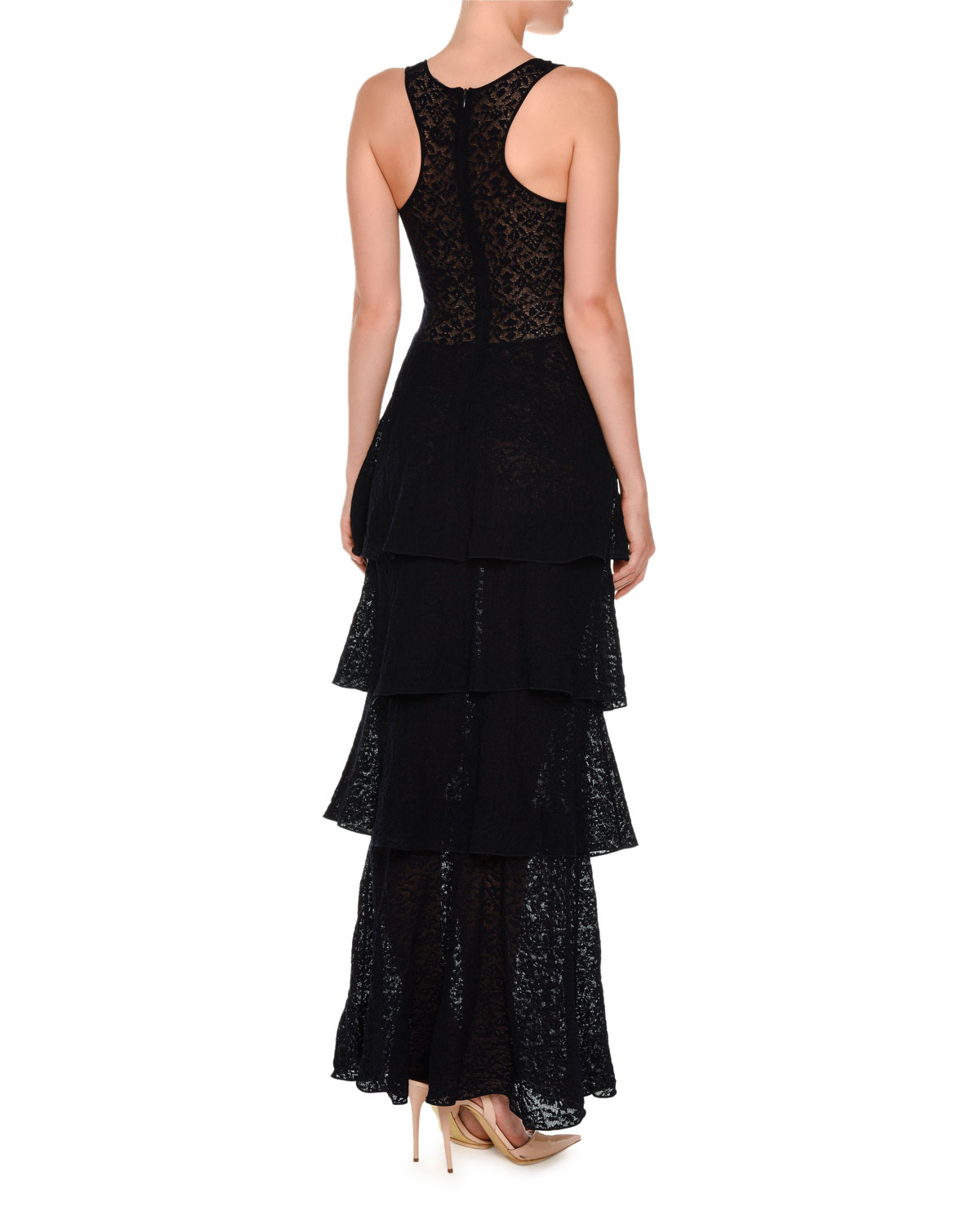 Sleeveless Stretch-Lace Tiered Gown, Ink