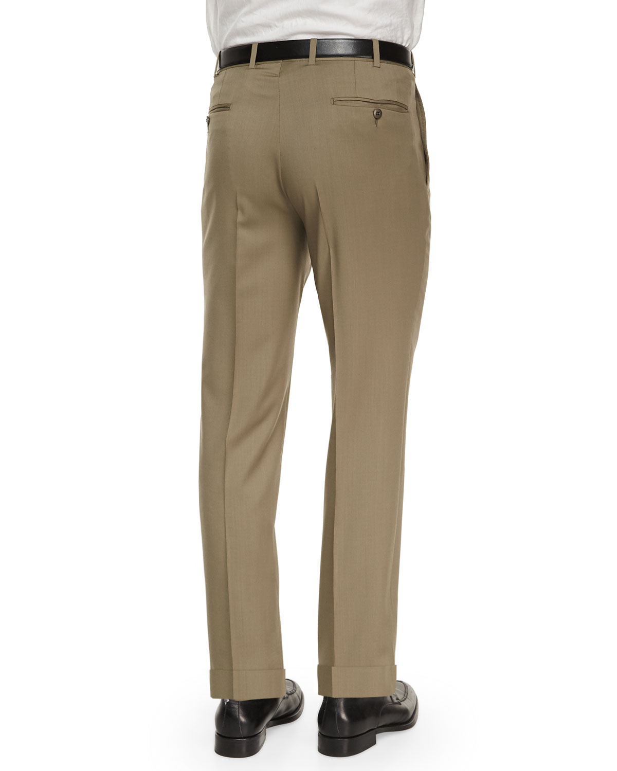 Flat-Front Wool Trousers, Tan