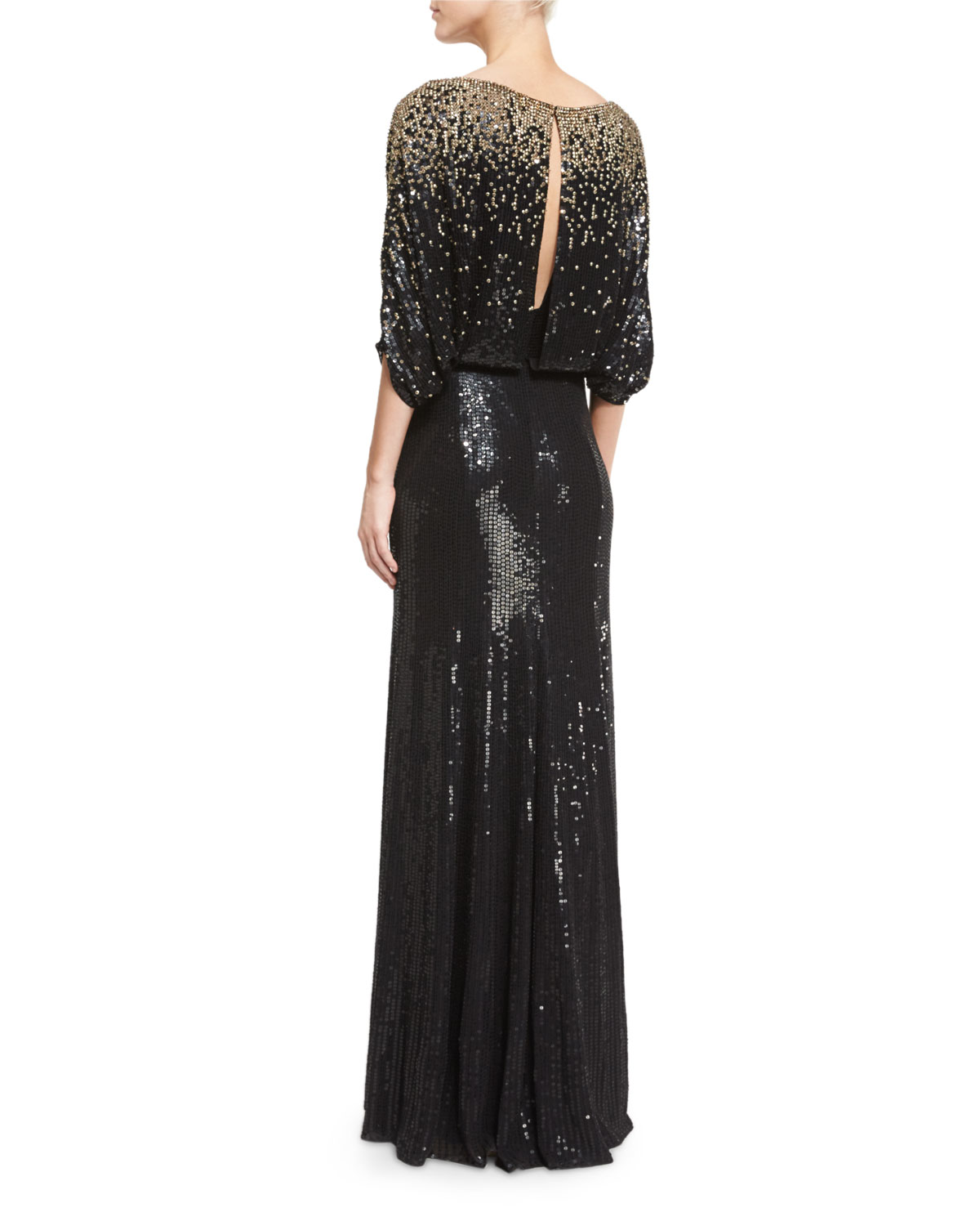 3/4-Sleeve Round-Neck Embellished Gown, Black/Gold