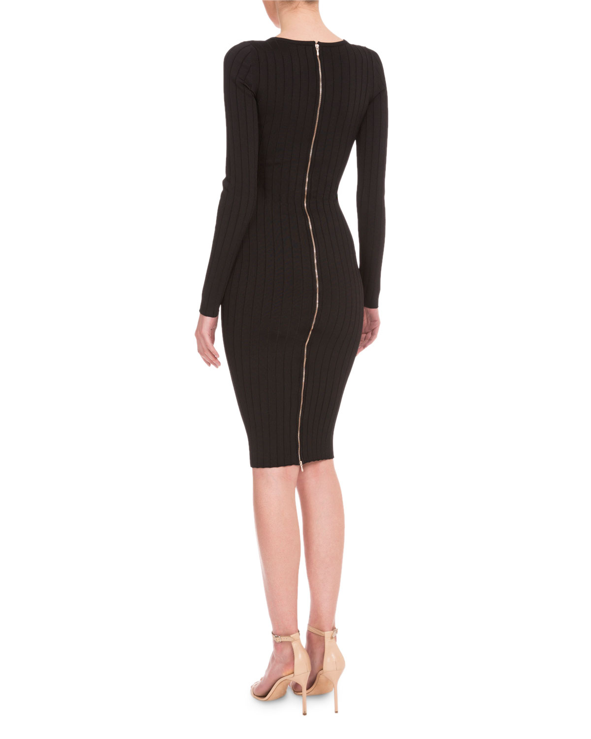 Long-Sleeve Ribbed Sheath Dress, Black