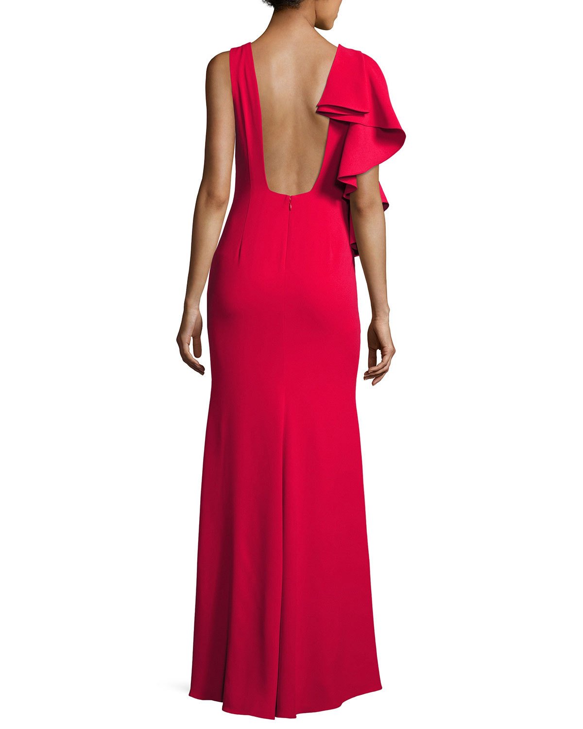 Sleeveless Stretch Crepe Ruffle-Trim Gown, Red