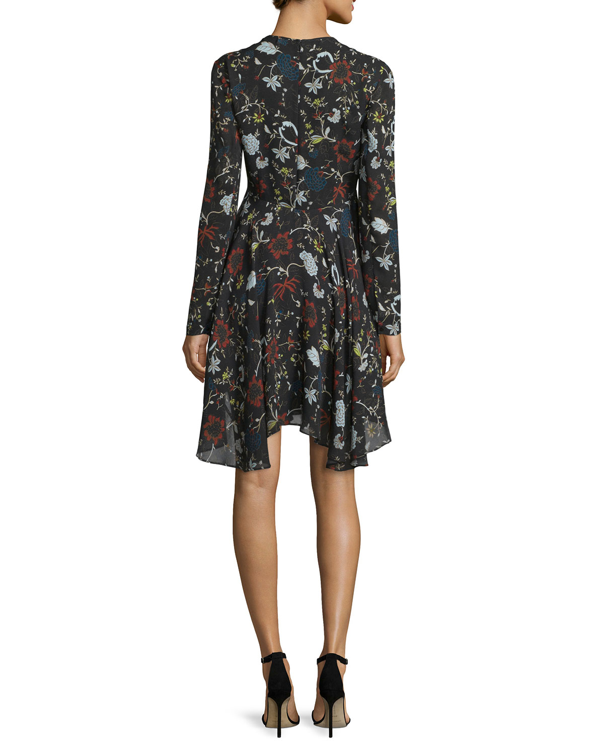 Cynthia Long-Sleeve Floral Silk A-Line Dress, Black/Multicolor