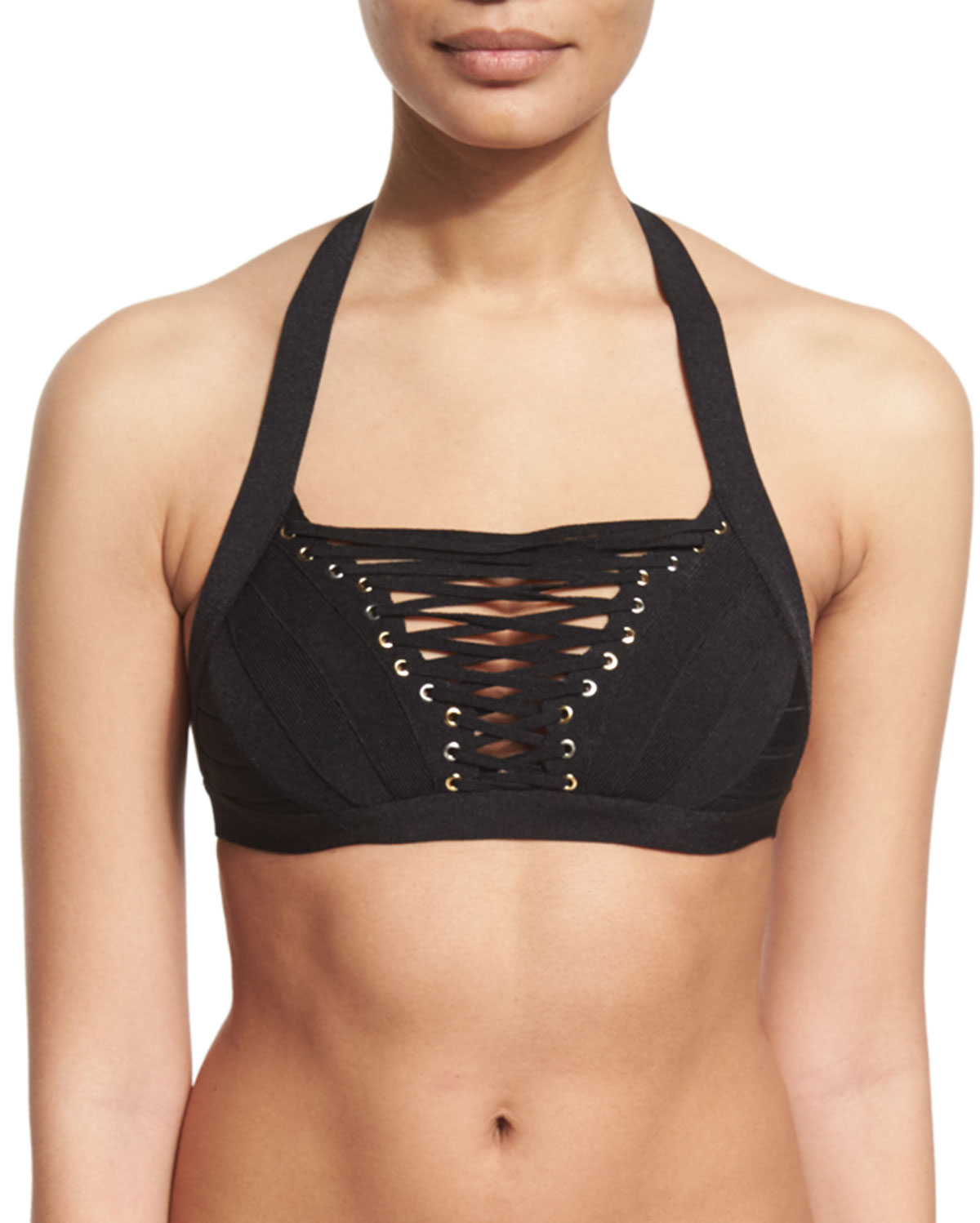 Lace-Up Front Halter Swim Top, Black