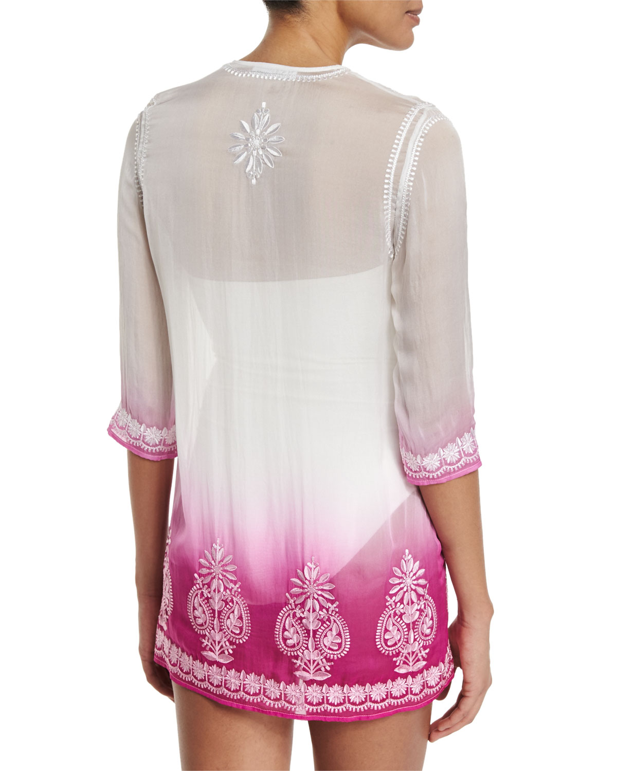 Embroidered-Front Ombre Short Tunic Coverup