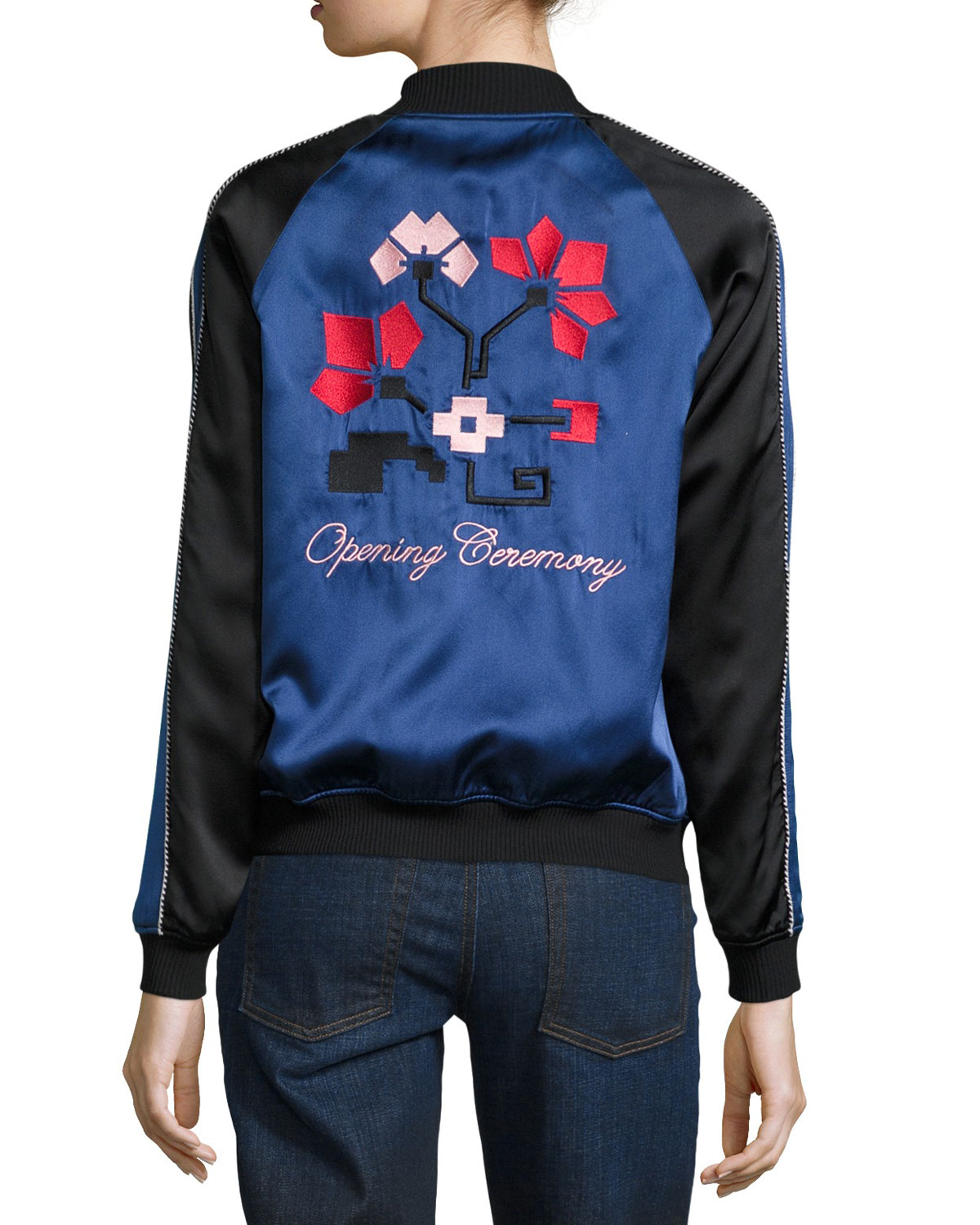 Reversible Silk Satin Bomber Jacket, Black/Blue/Multicolor