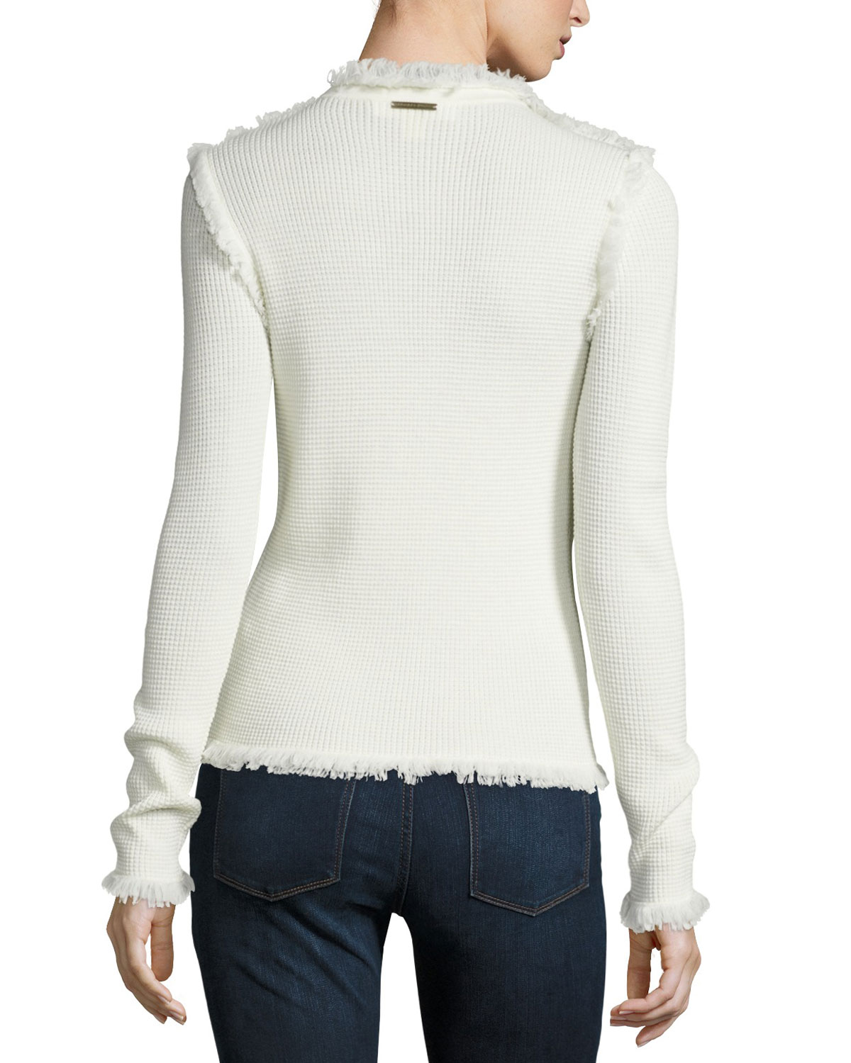 Fringe-Trim Waffle-Knit Sweater, Cream