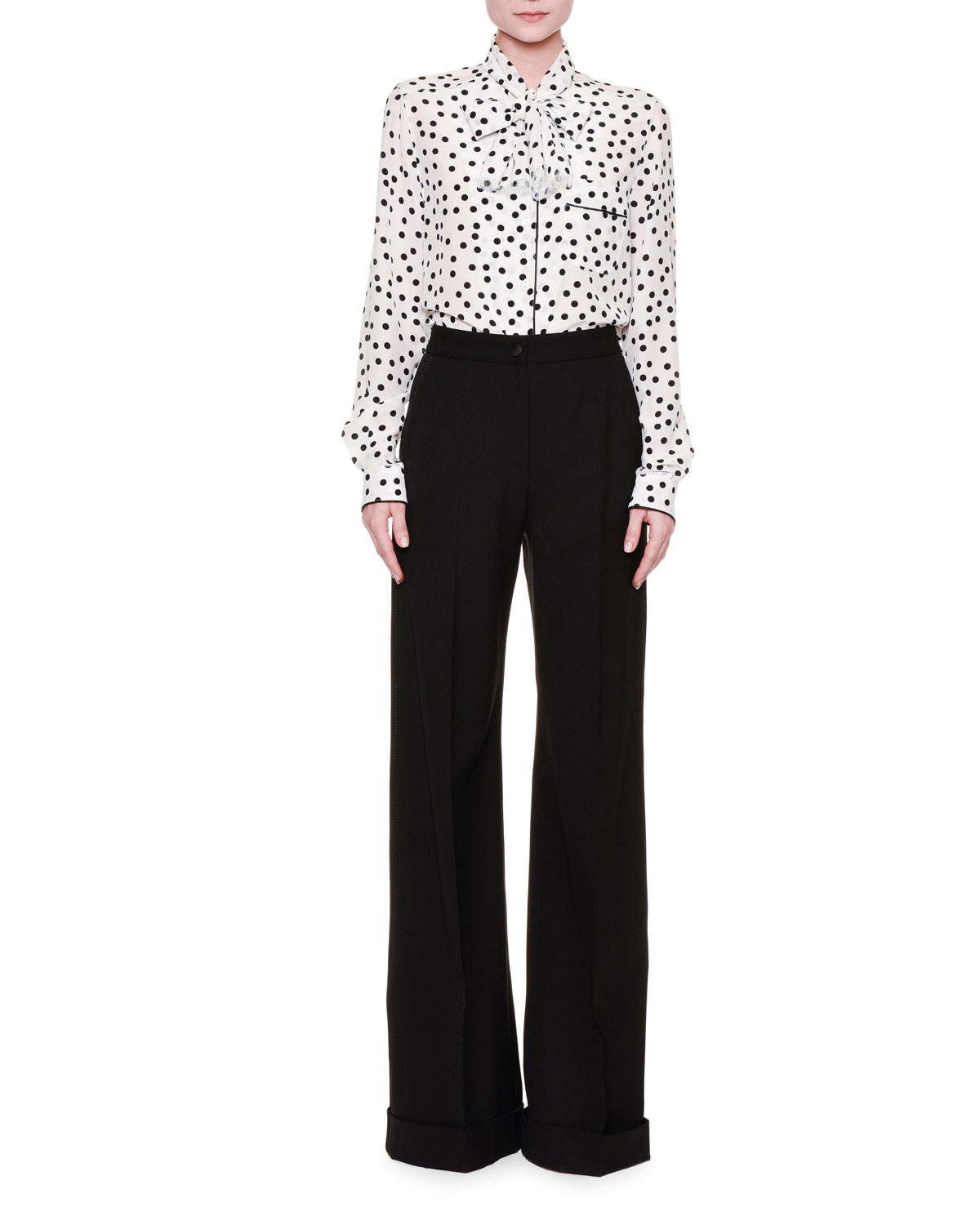 Wide-Leg Folded-Cuff Pants, Black