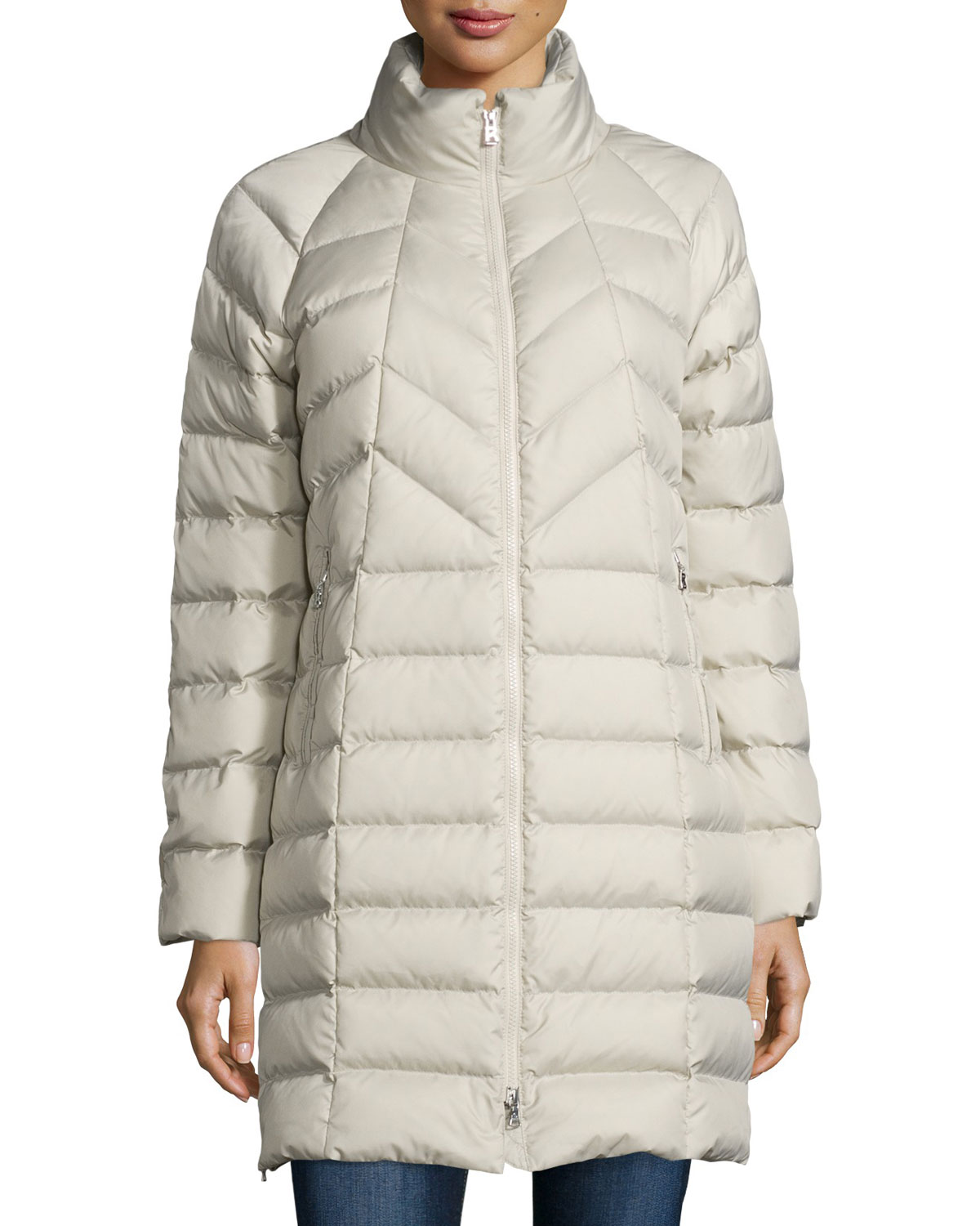 Long Chevron-Stitched Puffer Coat, Stone