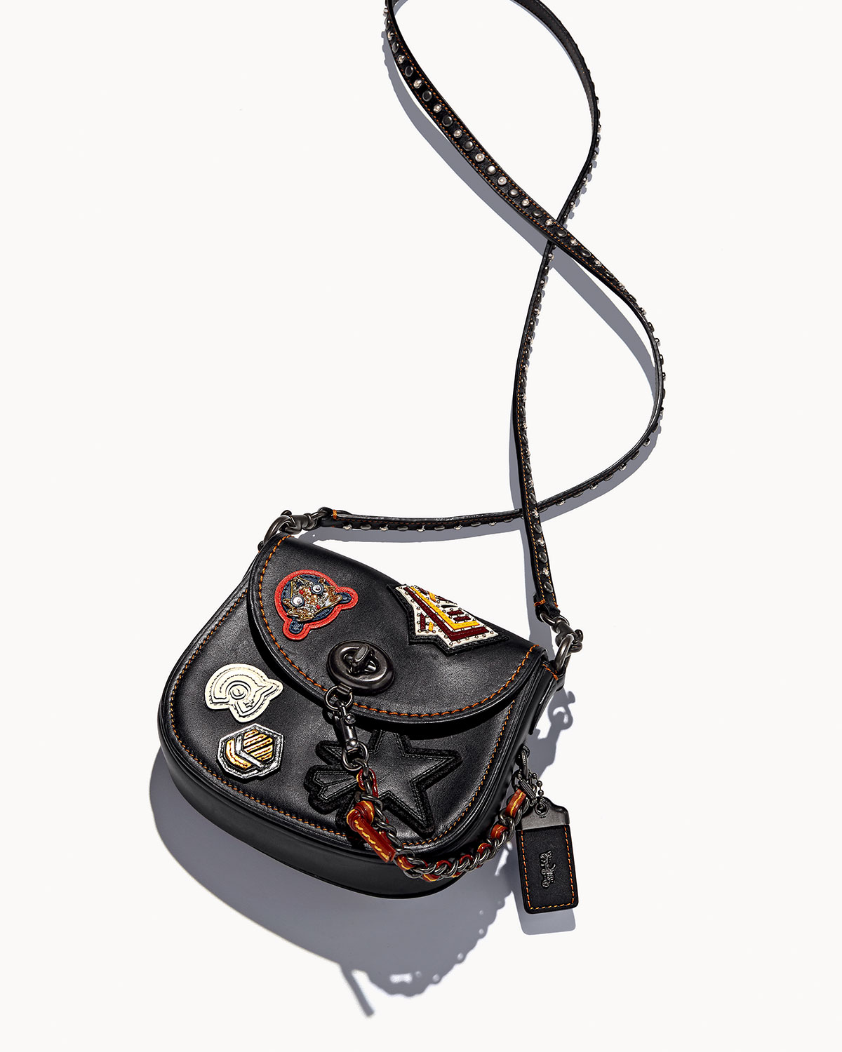 17 Varsity-Patch Leather Saddle Bag, Black