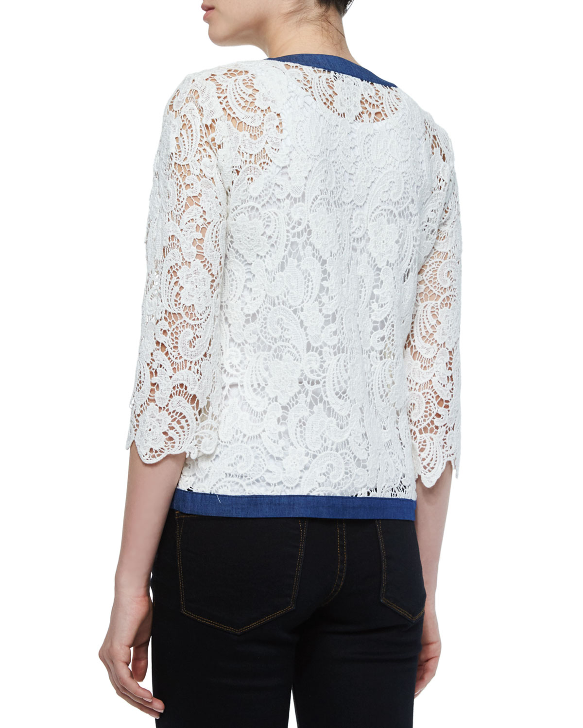 3/4-Sleeve Crochet Cardigan W/ Denim Trim 
