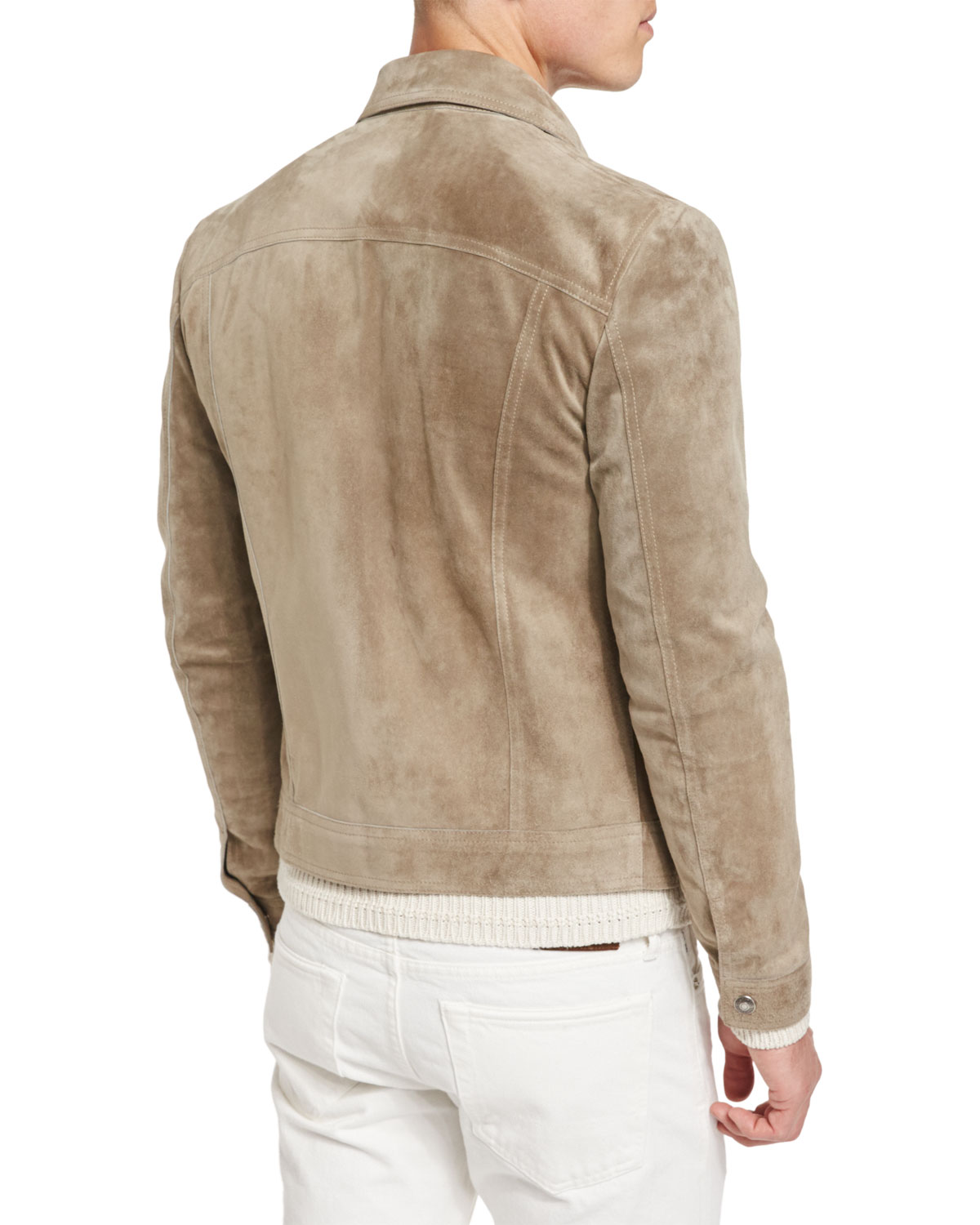 Cashmere Suede Trucker Jacket w/Zip Pockets, Tan