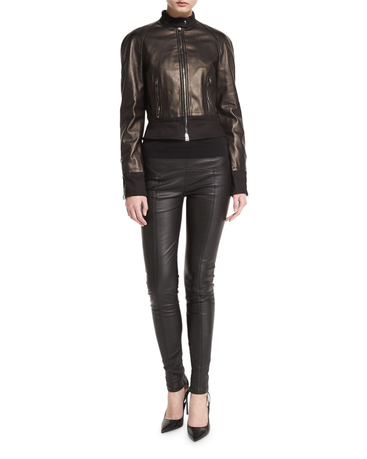 Yoke-Waist Leather Leggings, Black