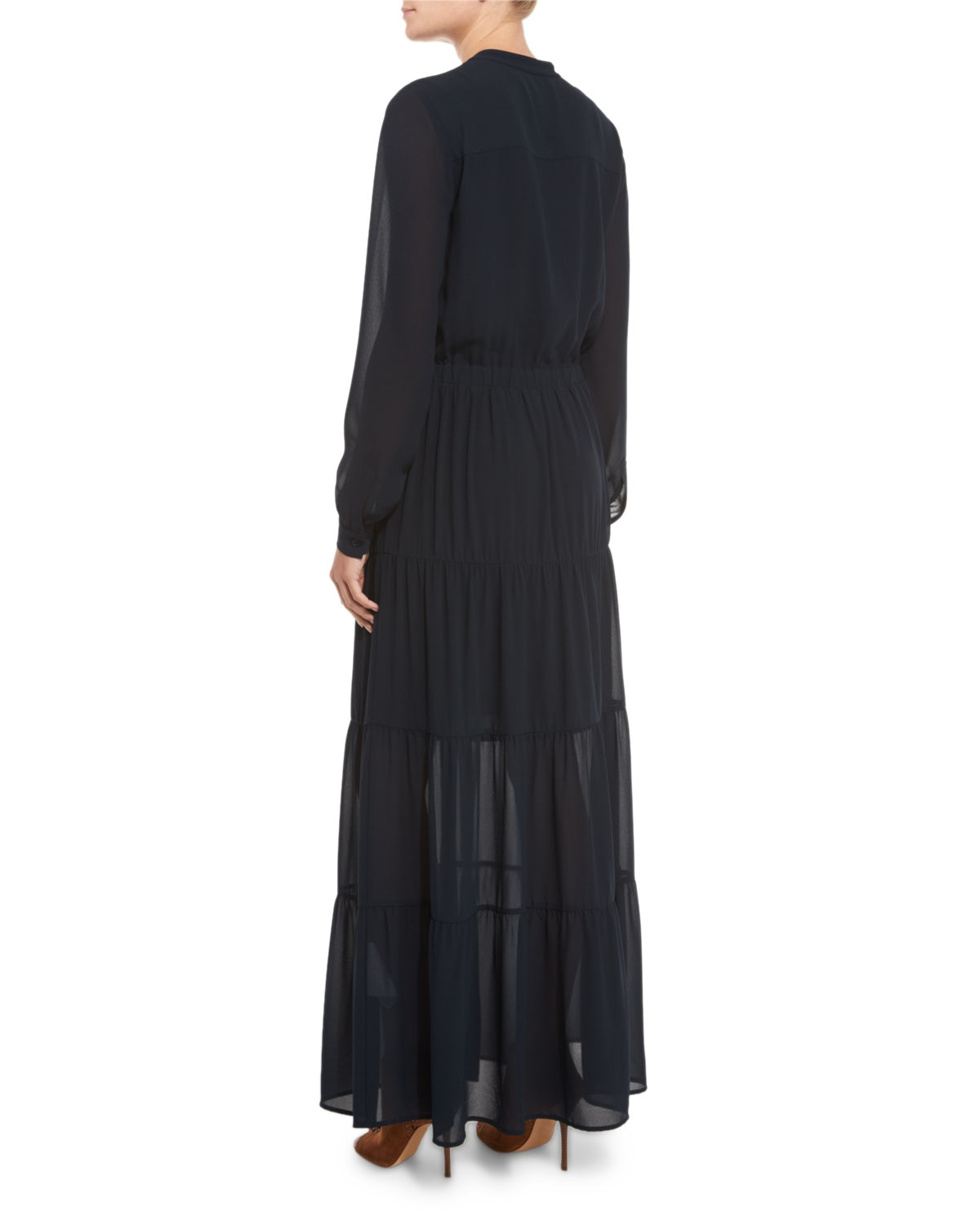 Long-Sleeve Tiered Chiffon Maxi Dress, New Navy