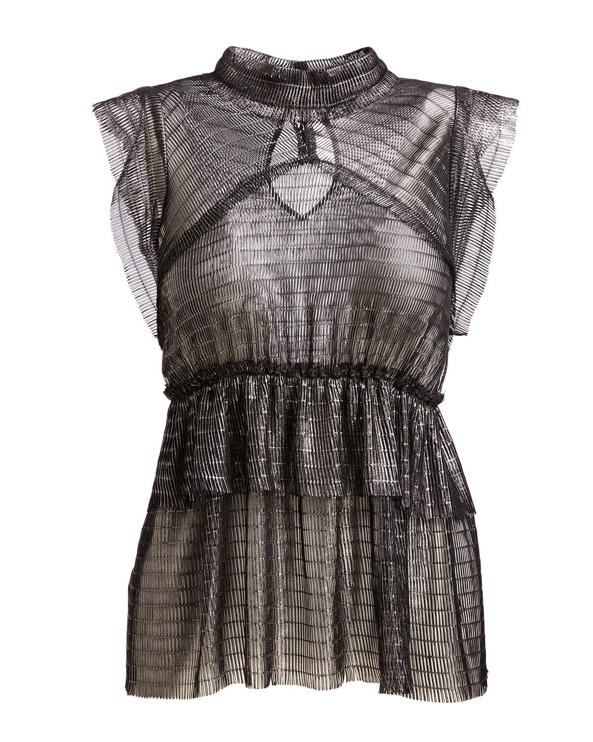 Anmari Sleeveless Tiered Metallic Top, Black/Silver