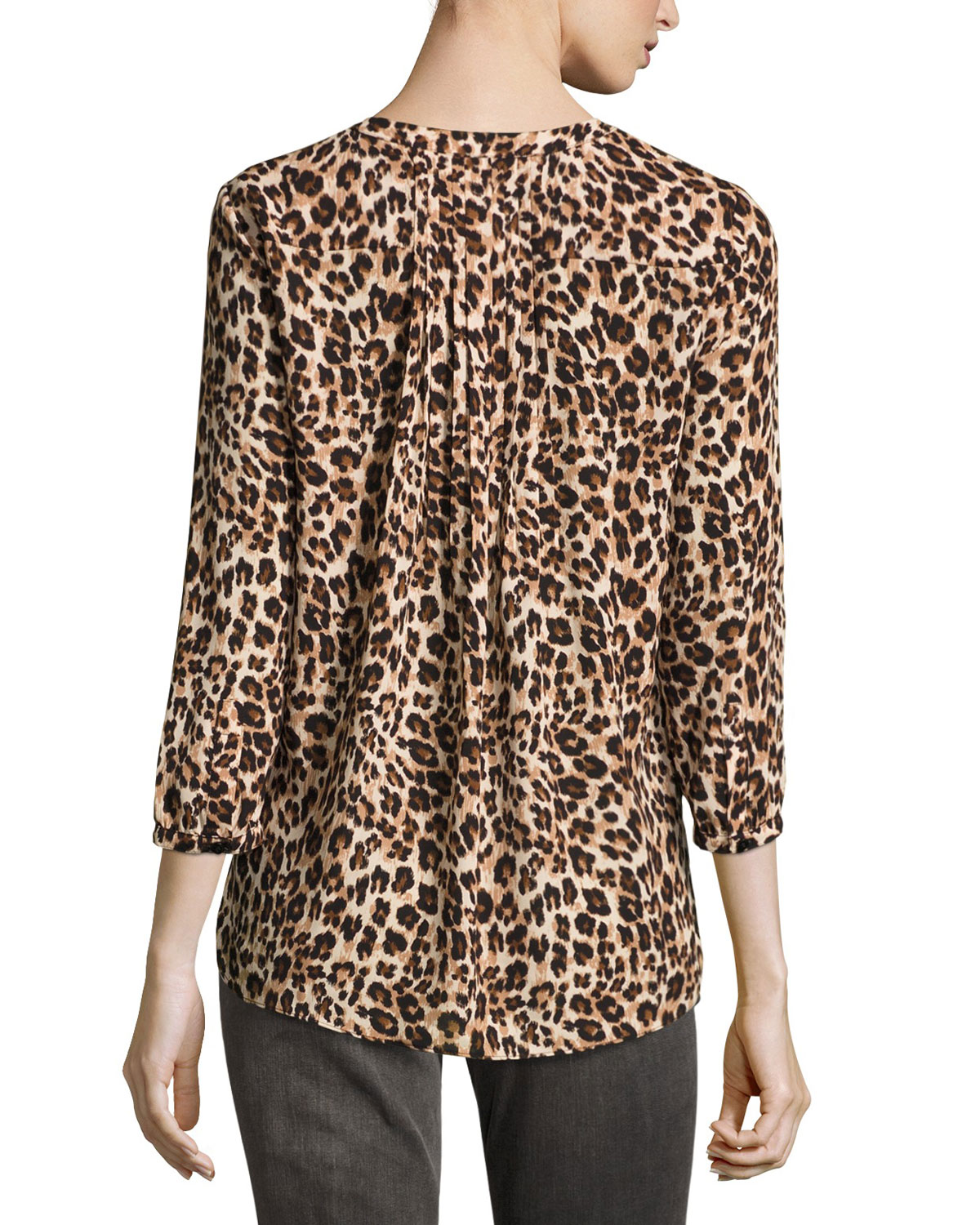 3/4-Sleeve Animal-Print Pleated-Back Blouse, Cheetah