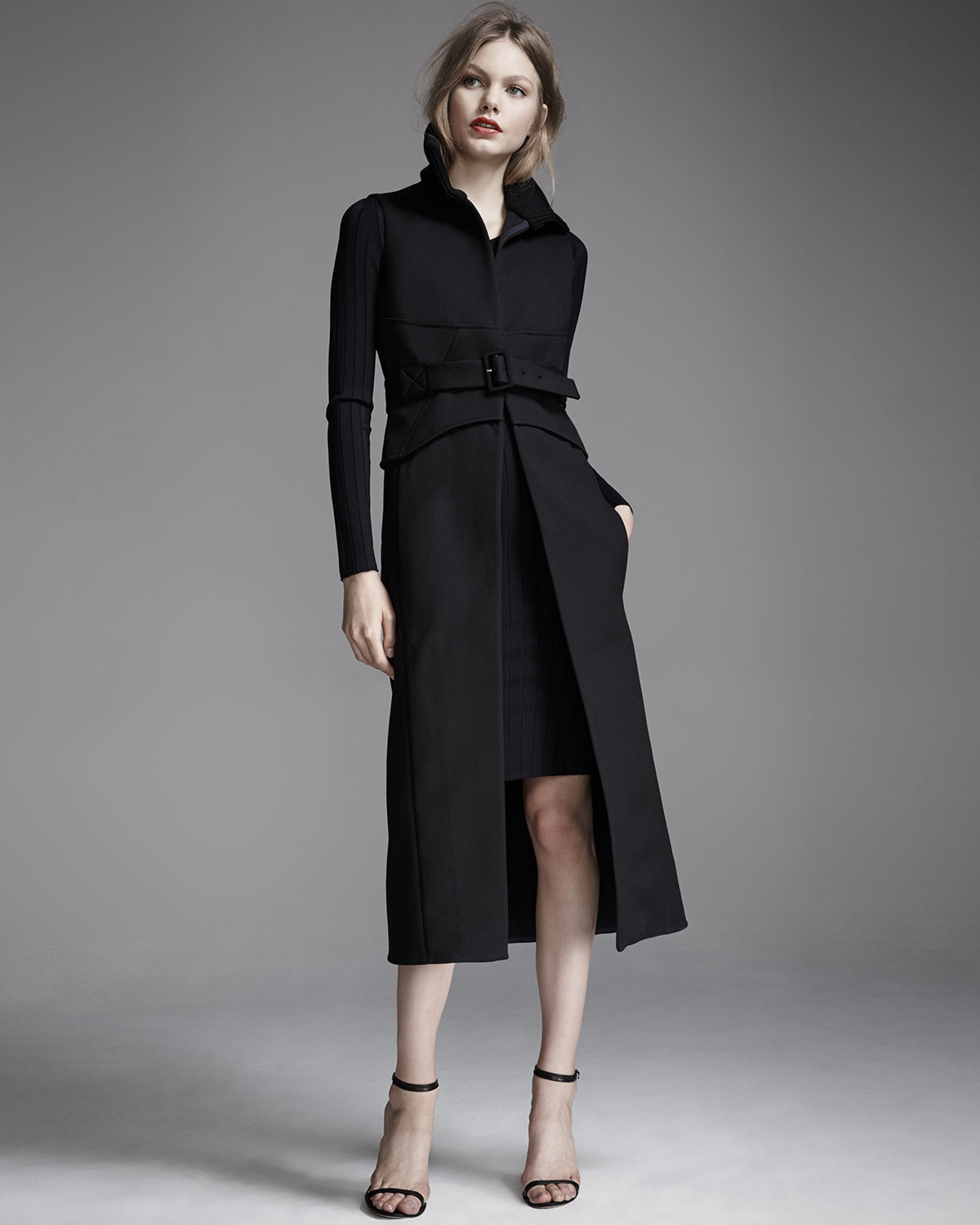 Long-Sleeve Ribbed Sheath Dress, Black